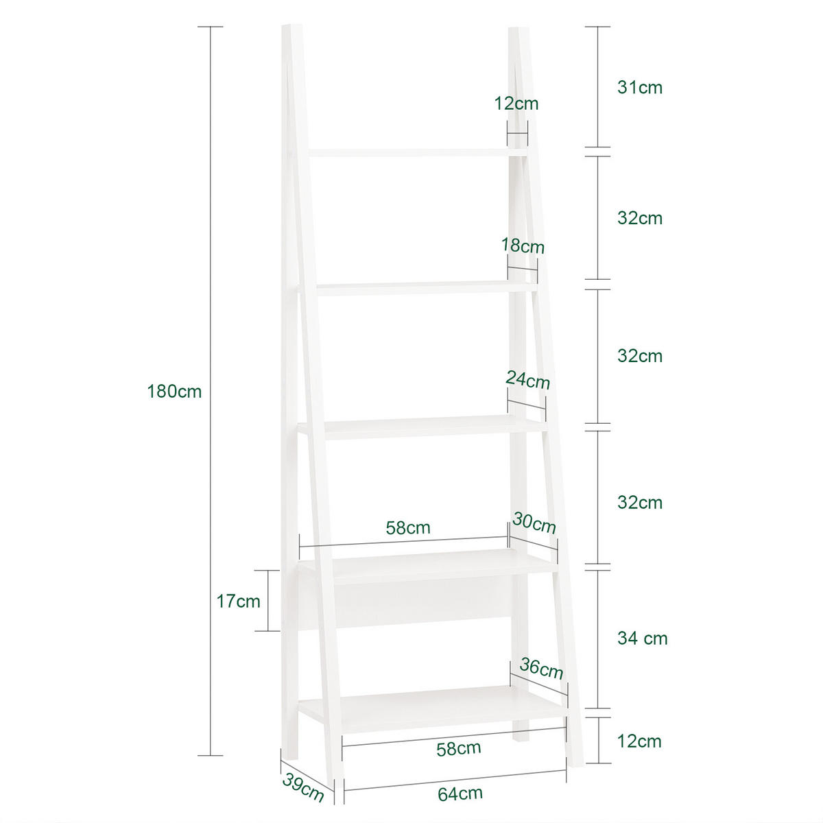 LEITERREGAL Weiß - Weiß, Holzwerkstoff (64/180/39cm) - SoBuy