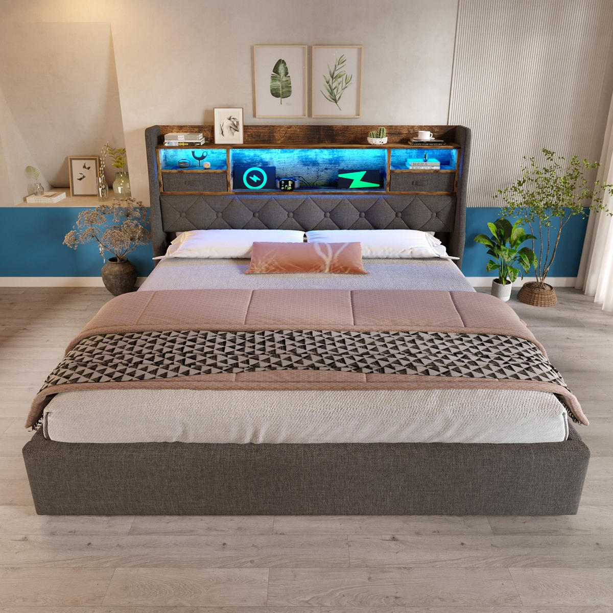 POLSTERBETT 140/190 cm Grau mit 2 Schubladen, LED-Beleuchtung und hydraulischer Stauraumfunktion - Grau, Textil (140/190cm) - Oxeza