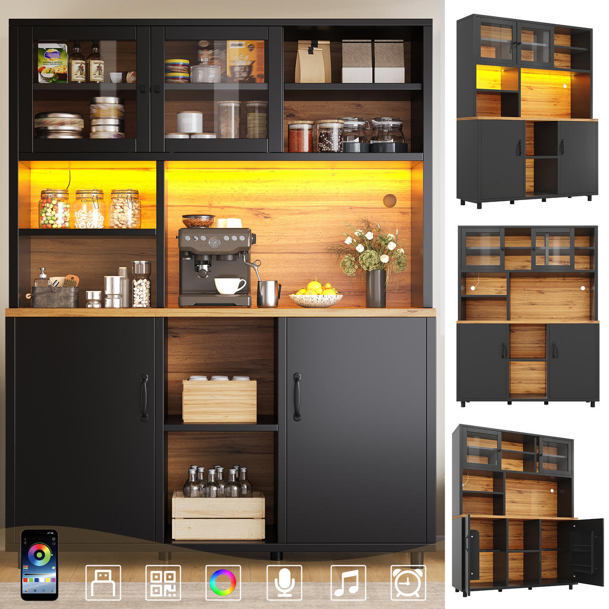 KÜCHENSCHRANK in Schwarz Highboard mit LED-Beleuchtung, App-Steuerung und verstellbaren Regalen, B120/T40/H185cm - Schwarz, Holzwerkstoff/Metall (120/185/40cm) - STILVORA