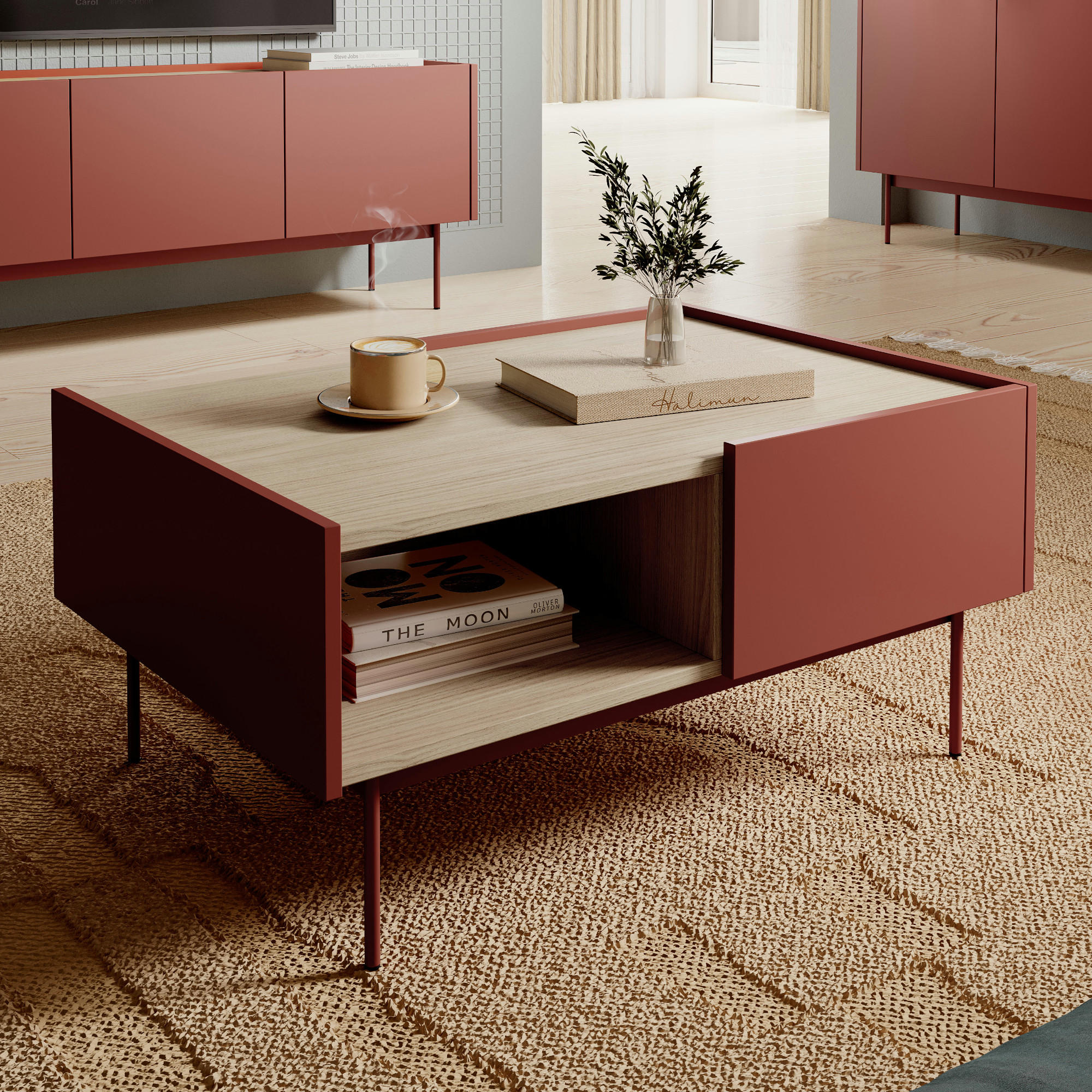 COUCHTISCH KELOWNA STO1-3S System der leisen Schließung der Fronten, Rot - Rot, Holzwerkstoff/Kunststoff (65/97/45cm) - Komodee