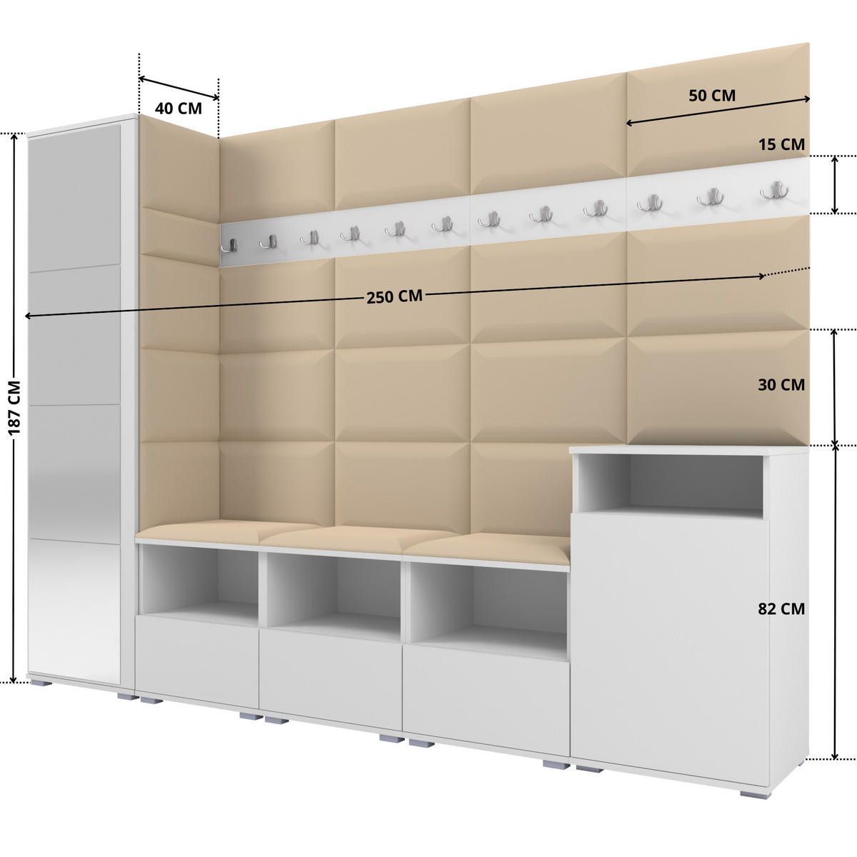 GARDEROBE NELA XI 250 cm (Modulare Flurmöbel Weiß mit Spiegel & Sitzpolster Beige 04 Großes Set) - Beige/Silberfarben, Holz/Holzwerkstoff (250/187/40cm) - Ravio