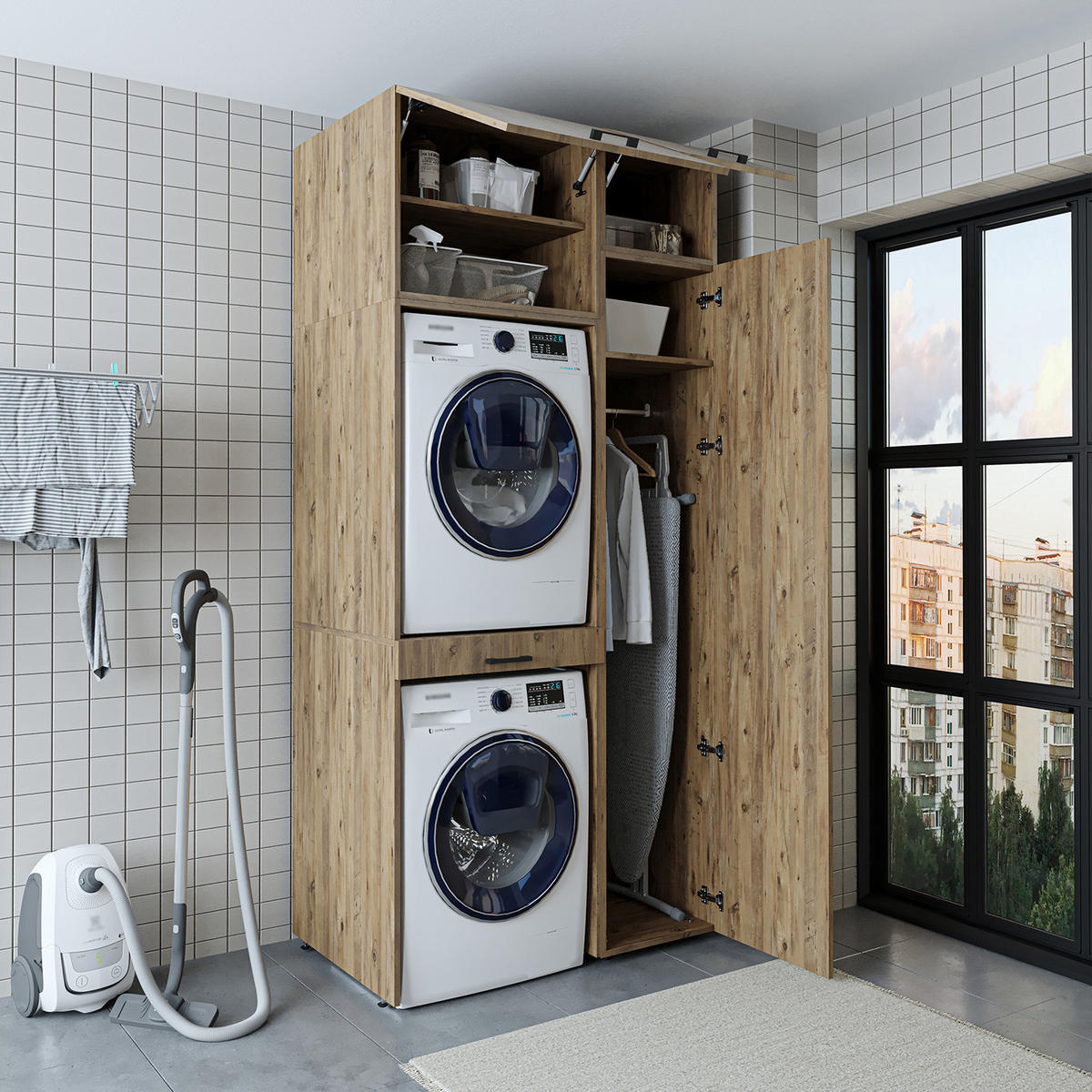 WASCHMASCHINENSCHRANK DUO-I 112cm Breit, 240cm Hoch - Eichefarben, Holzwerkstoff (112/240/67cm)