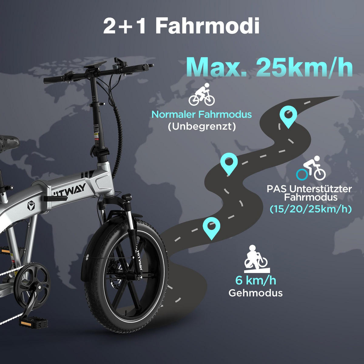 E-BIKE Klapprad BK36 Pedelec bis zu 50-100km 7 Gang shimano Schaltwerk - Silberfarben, Metall (32cm) - HITWAY