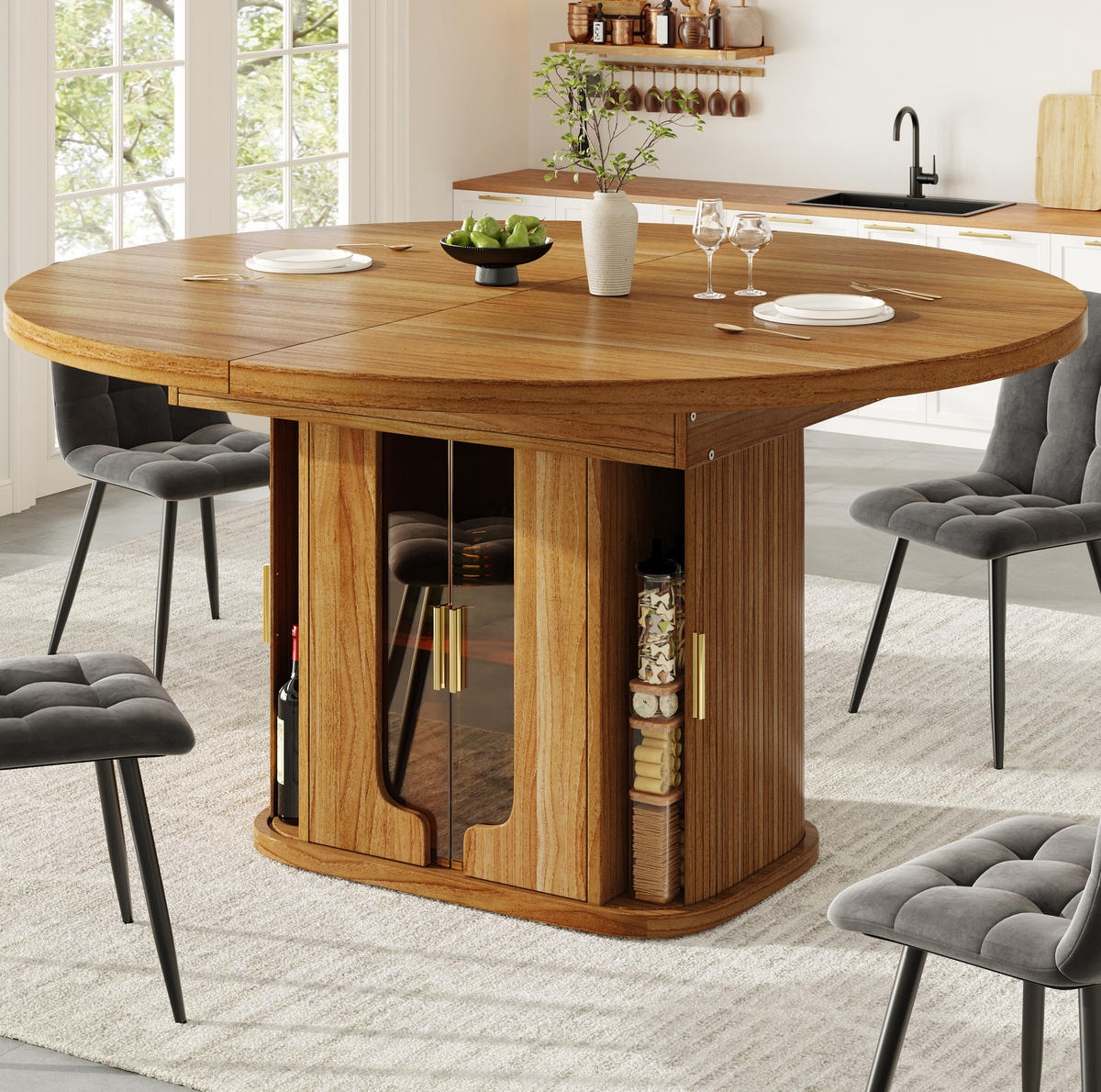 ESSTISCH aus MDF 118-158x118x77 cm Walnuss ausziehbar mit Stauraum, Schubladen und Glasfronten - Braun, Holzwerkstoff (118/118/77cm) - Modfu