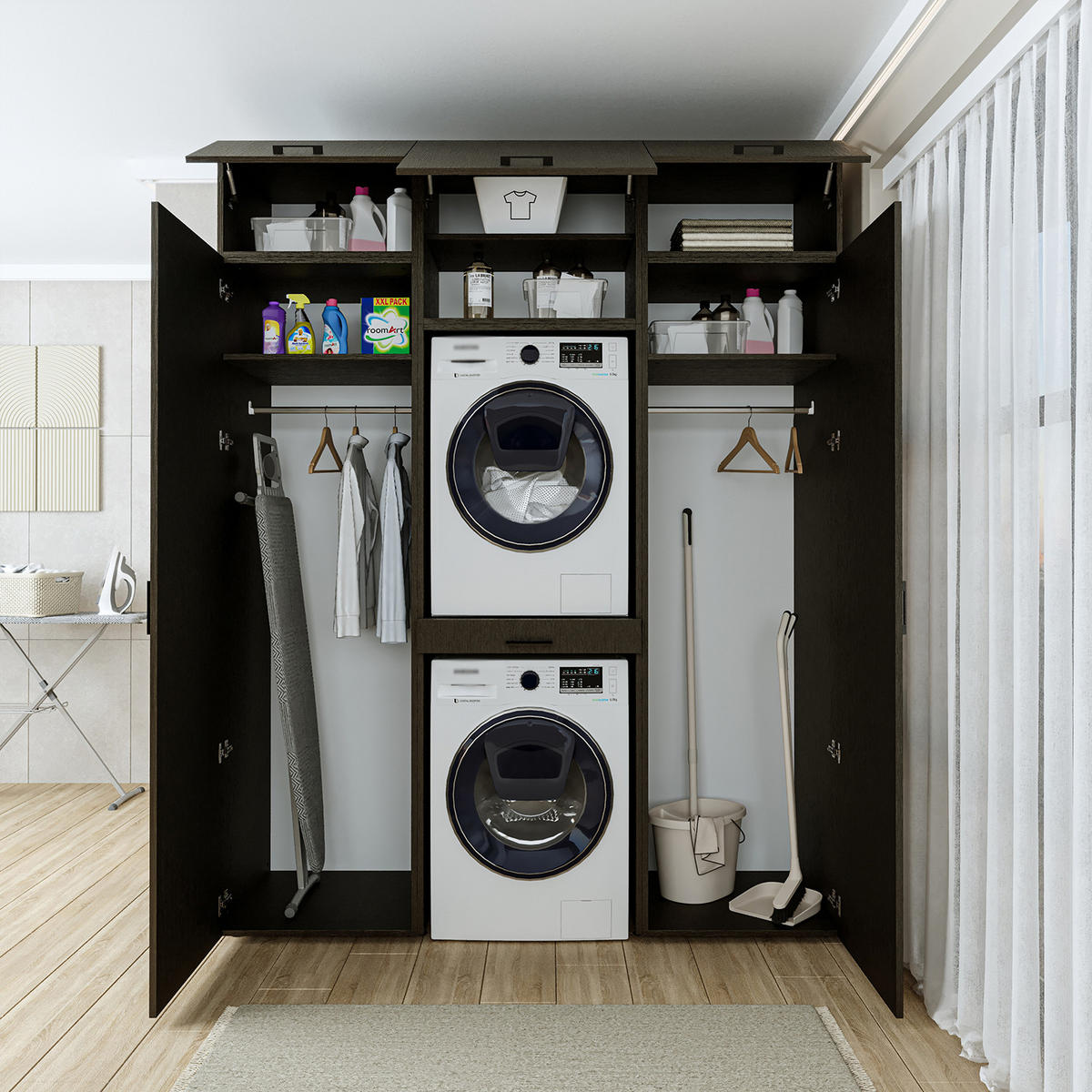WASCHMASCHINENSCHRANK DUO-I 187cm Breit, 240cm Hoch - Schwarz, Holzwerkstoff (187/240/67cm)