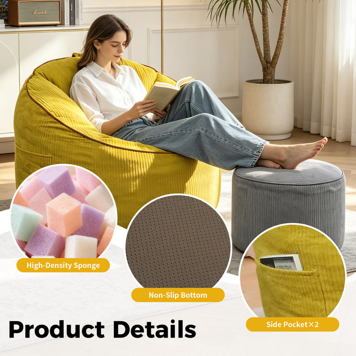 SITZSACK 103 x 95 x 80 cm mit Fußhocker - Gelb, Textil (95/35.5/103cm) - Raelunyi
