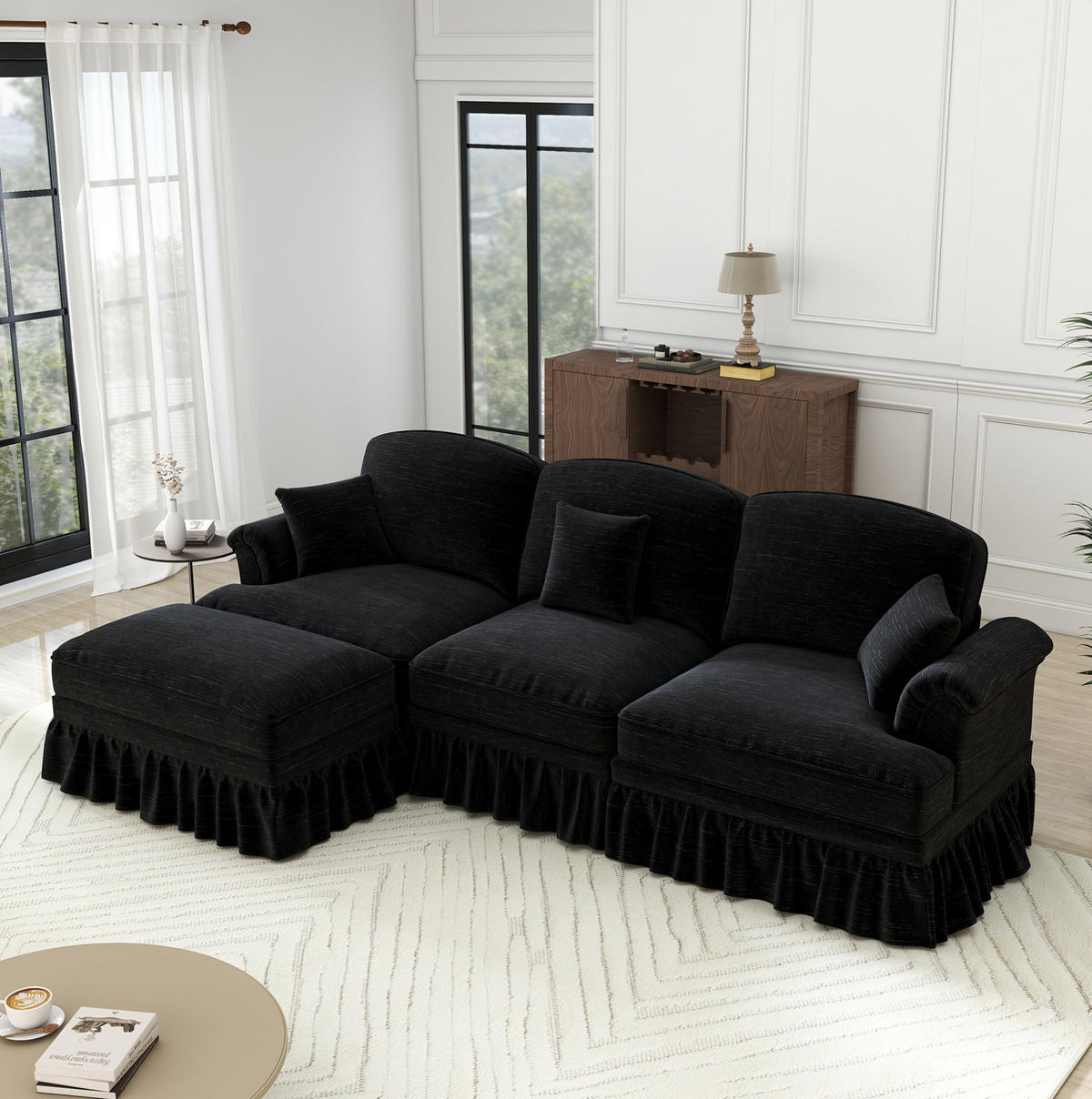 ECKSOFA 272/140/93 cm schwarz aus Chenille mit abnehmbarem Volant und beweglichem Hocker - Schwarz, Textil (140/272cm) - OKWISH