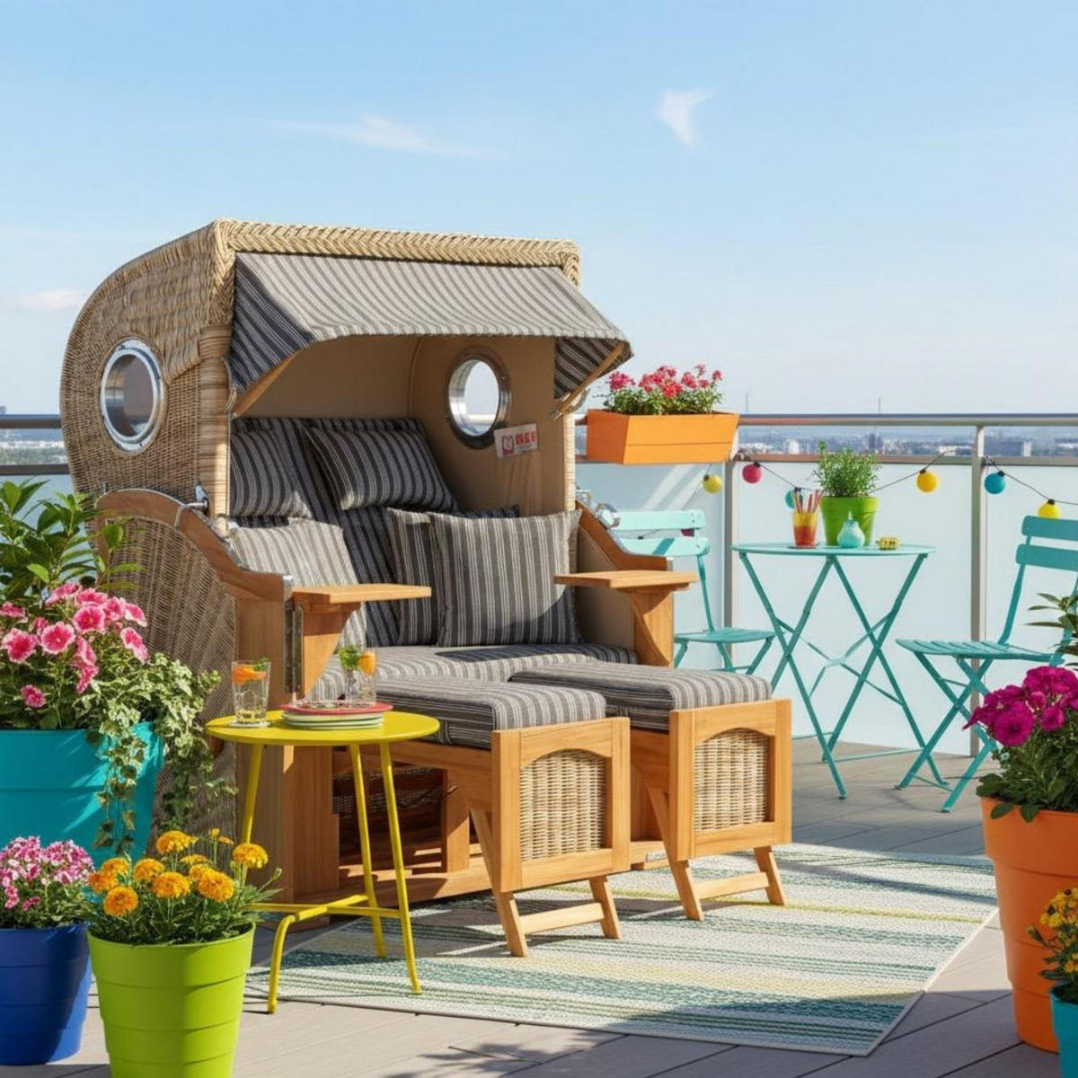 STRANDKORB Düne 2-Sitzer Teak Shell Bullauge - Braun/Grau, Holz/Metall (125/170/80cm) - Mr. Deko