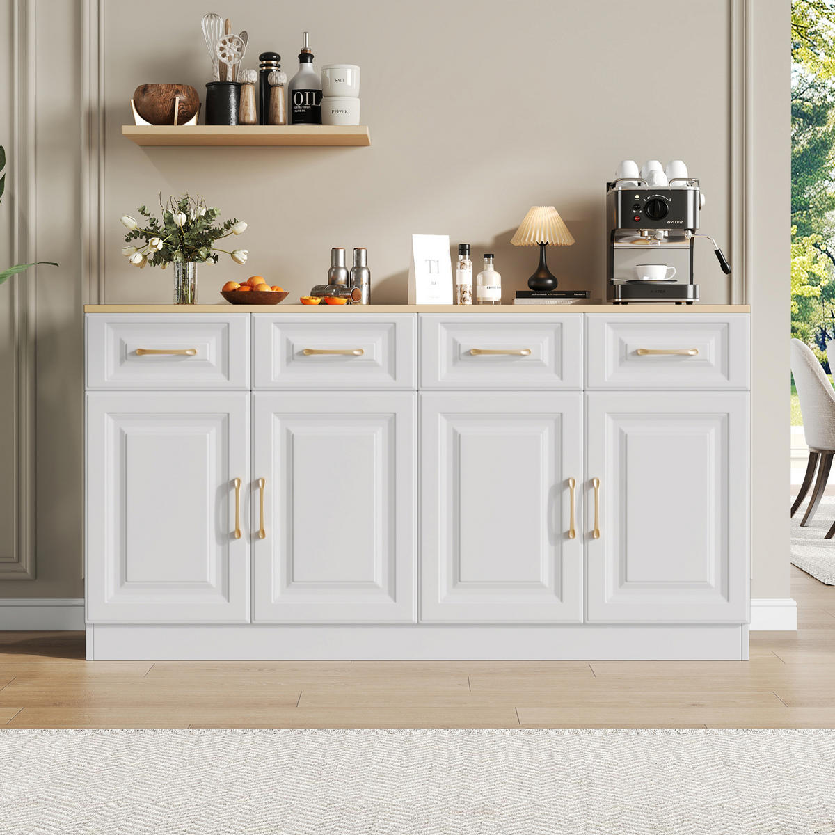 SIDEBOARD, 140/40/75 cm, dřevotříska bílá/barva dubu, se 4 zásuvkami a 4 dveřmi - bílá, kompozitní dřevo (140/75/40cm) - BEAOK