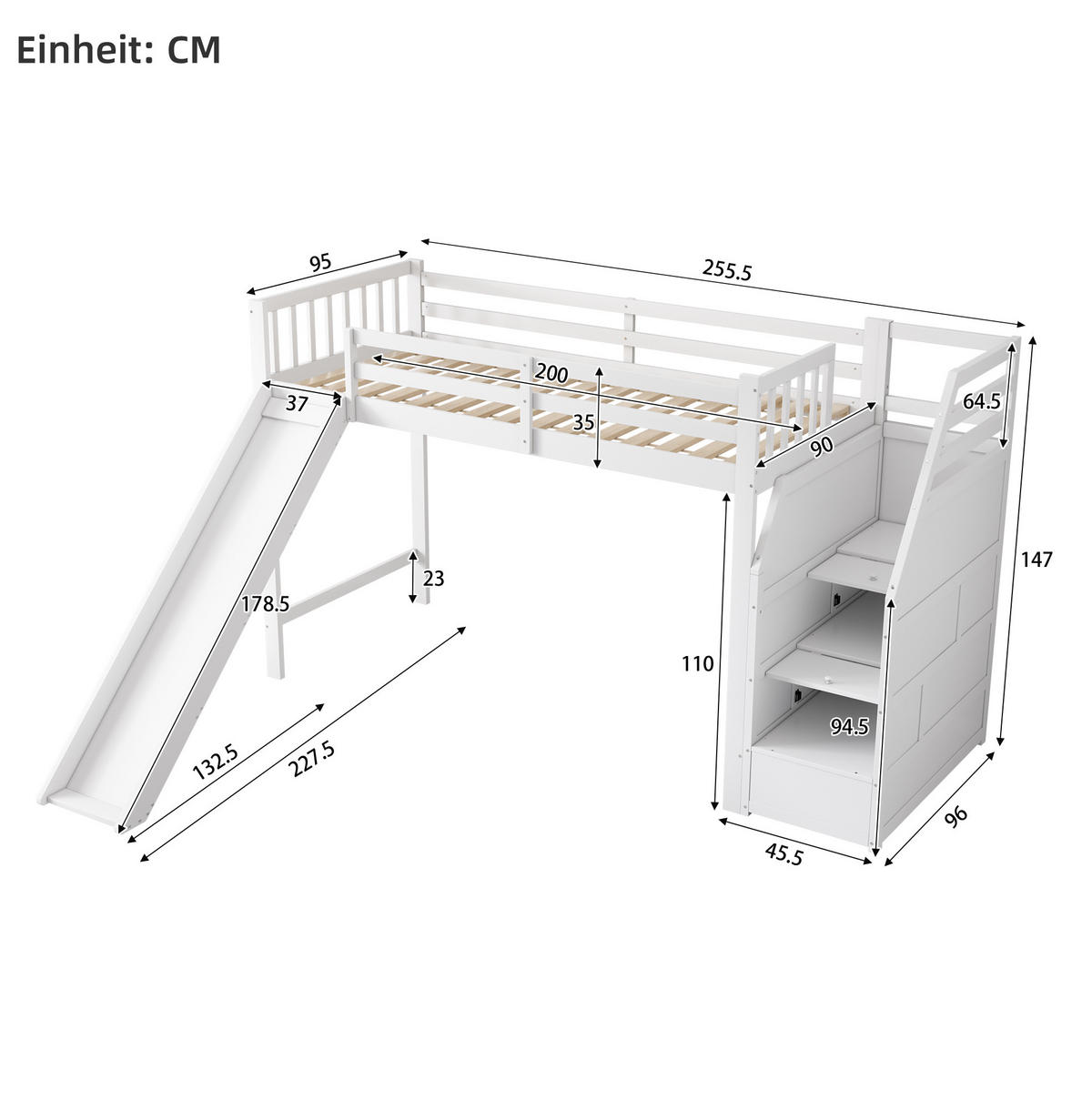 HOCHBETT 90/200 cm aus Kiefer mit Rutsche und Ablageleiter Weiß - Weiß, Holzwerkstoff (90/200cm) - Modenvie