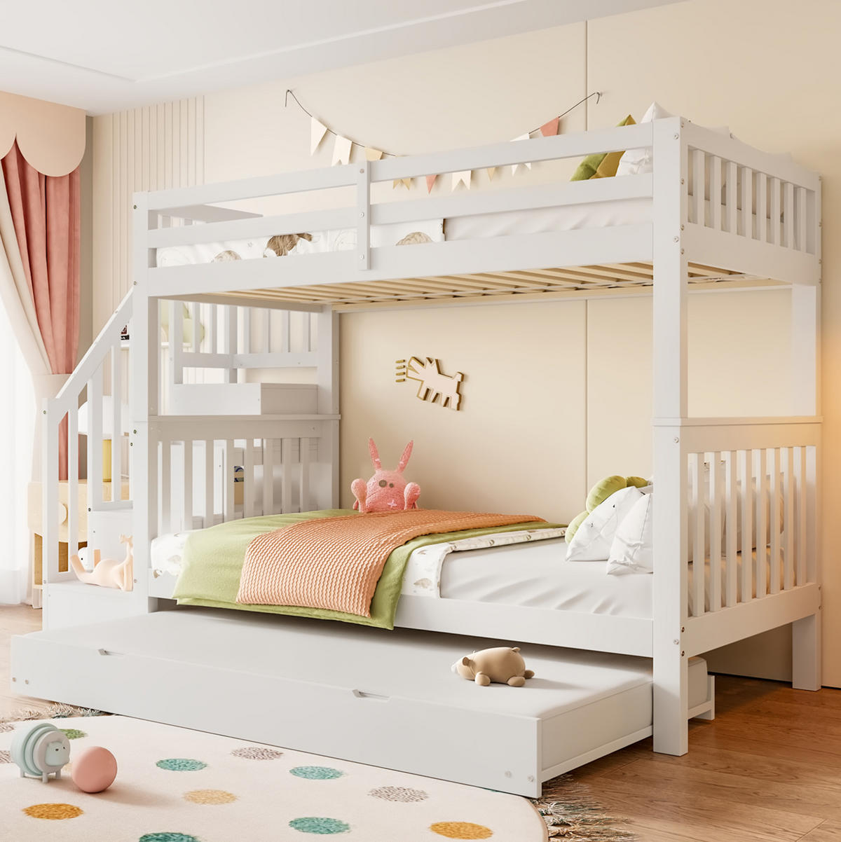 ETAGENBETT 90/200 cm Weiß aus Kiefer und MDF mit Ausziehbett und Treppenregal - Weiß, Holzwerkstoff (90/200cm) - OKWISH