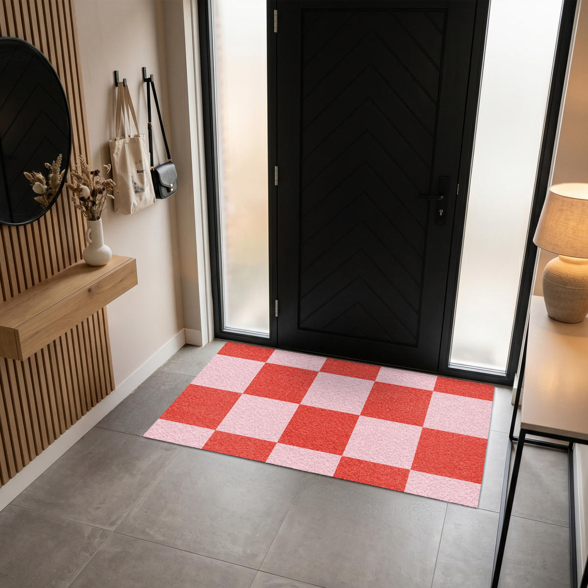 FUSSMATTE Schachbrettmuster - Rot - Rosa - Würfel Türmatte 150x90 cm - Rot, Kunststoff (150/90cm) - MuchoWow