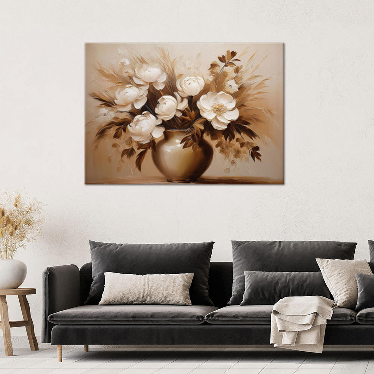 WANDBILD beiger blumenstrauß in einer vase - Beige, Textil (60/40cm) - Feeby