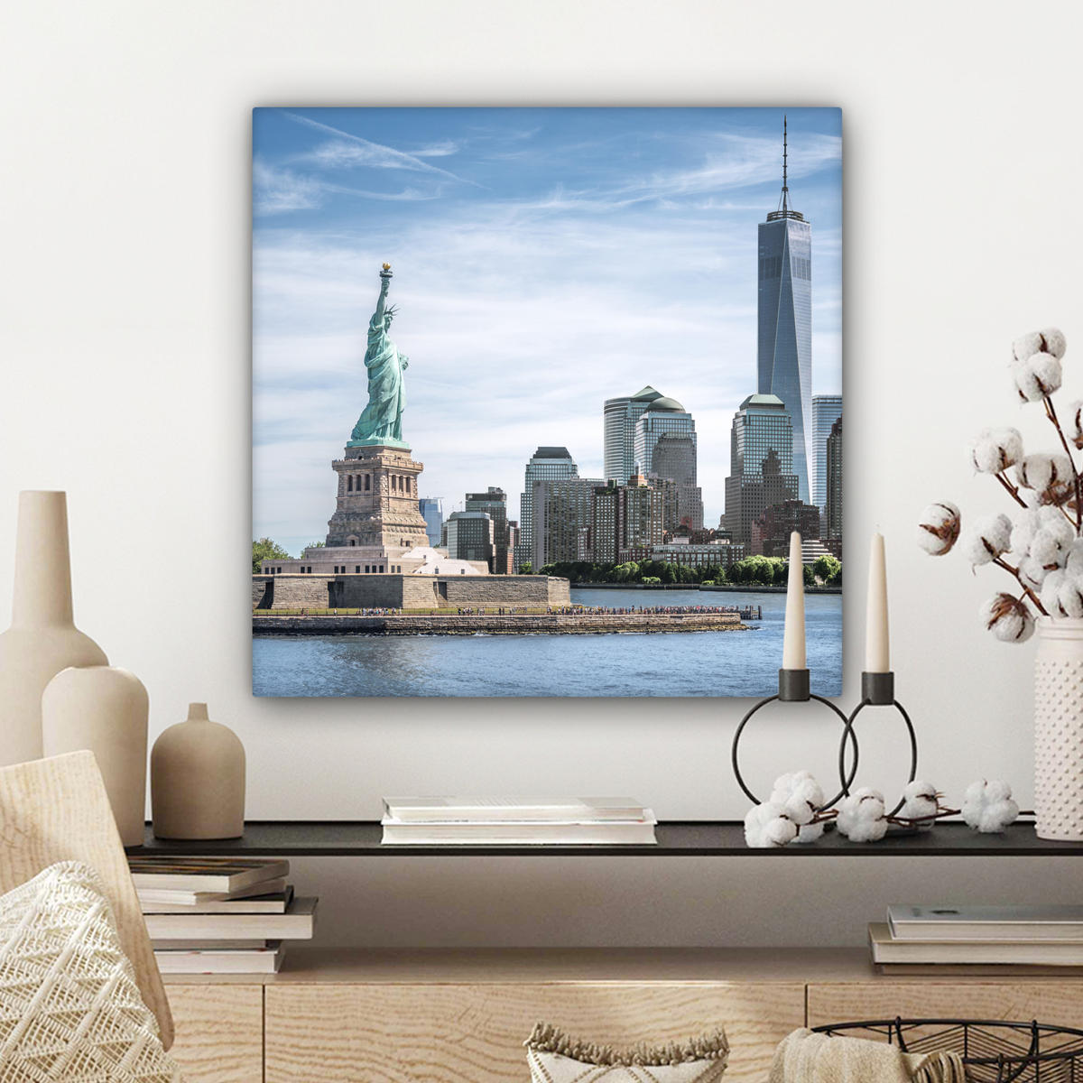 LEINWANDBILD New York - Freiheitsstatue - Wasser Wandbild Wohnzimmer 50x50 cm - Hellblau, Textil (50/50cm) - MuchoWow