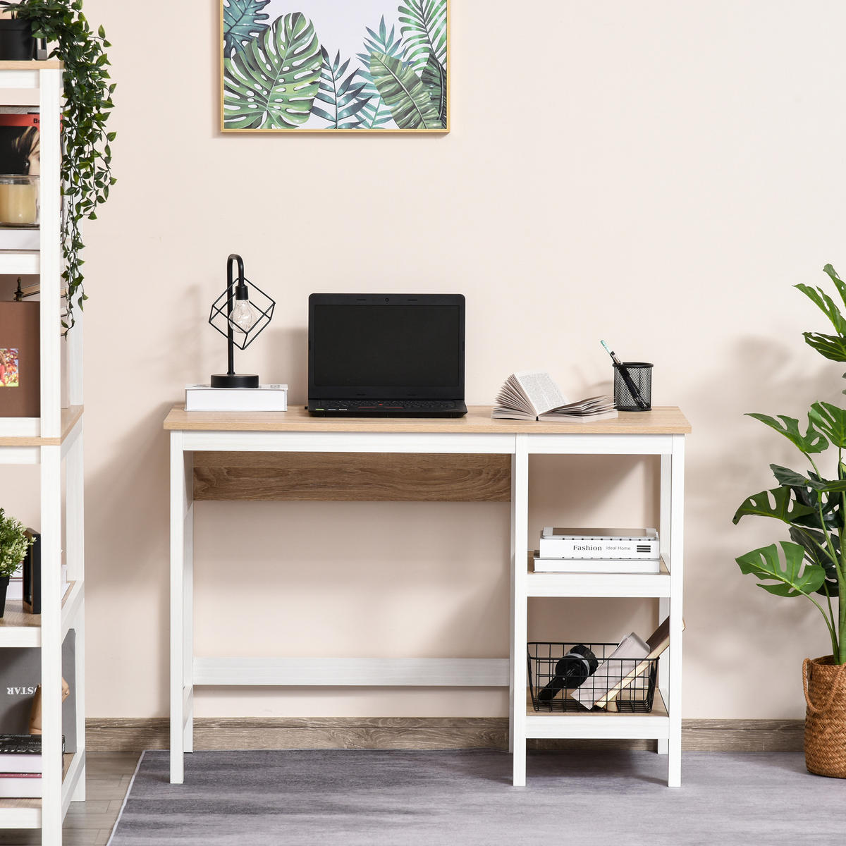 SCHREIBTISCH Eiche-Optik und Weiß mit 2 Regalfächern 110/48/76 cm - Beige, Holz (48/110/76cm) - PANGIVO
