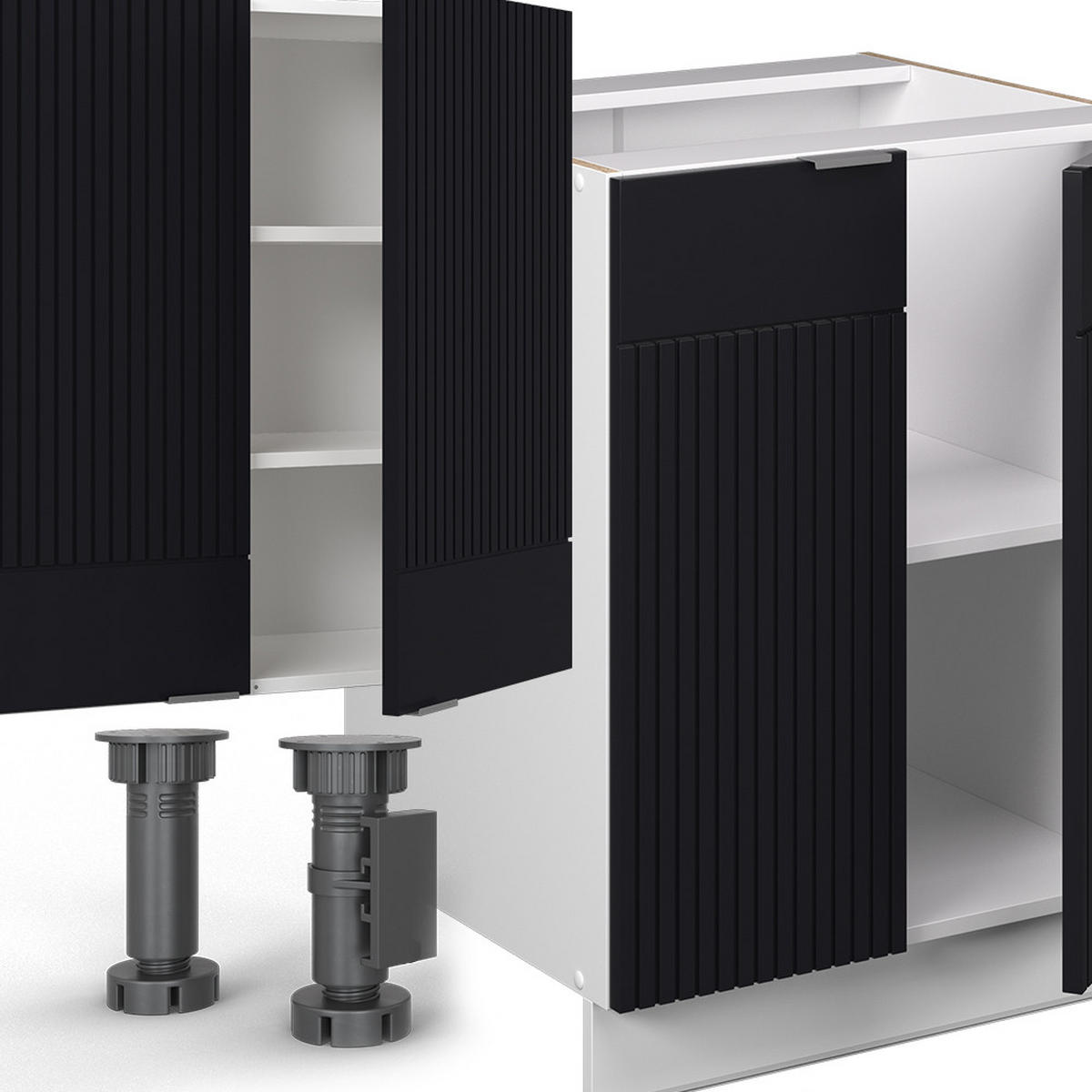 KÜCHENZEILE Fame-Line, Schwarz gestreift/Weiß, 300 cm mit Hochschrank, AP Anthrazit - Schwarz/Weiß, Holzwerkstoff (300/81.6/60cm) - Vicco