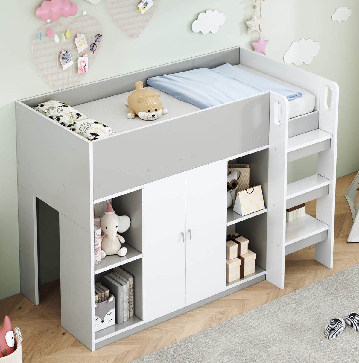 HOCHBETT 90/200 cm Grau mit Stauraum, Schrank und Regalen mit Matratze - Grau, Holzwerkstoff (90/200cm) - OKWISH