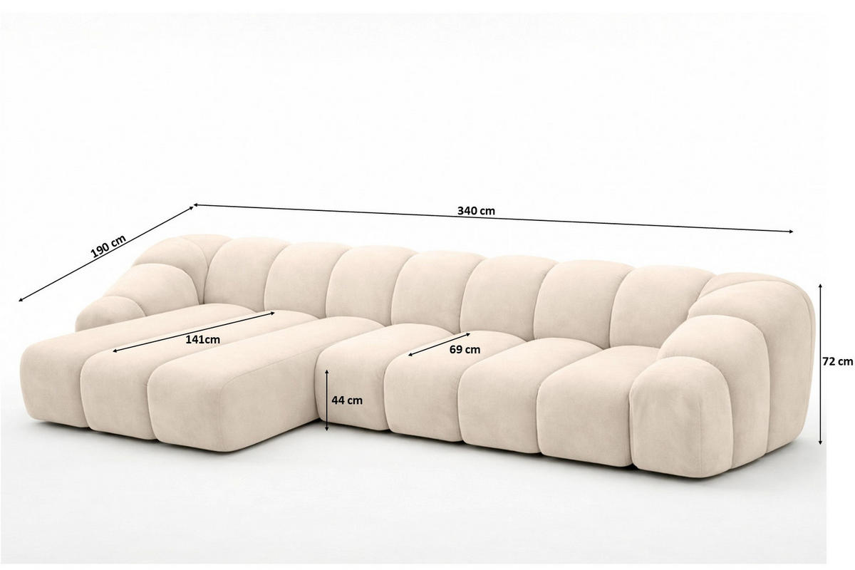 ECKSOFA Modulare L-Form, Veloursstoff Bluvel, Creme, Links, CROISSANT XL - Creme, Holz (340/190cm) - Kaiser Möbel