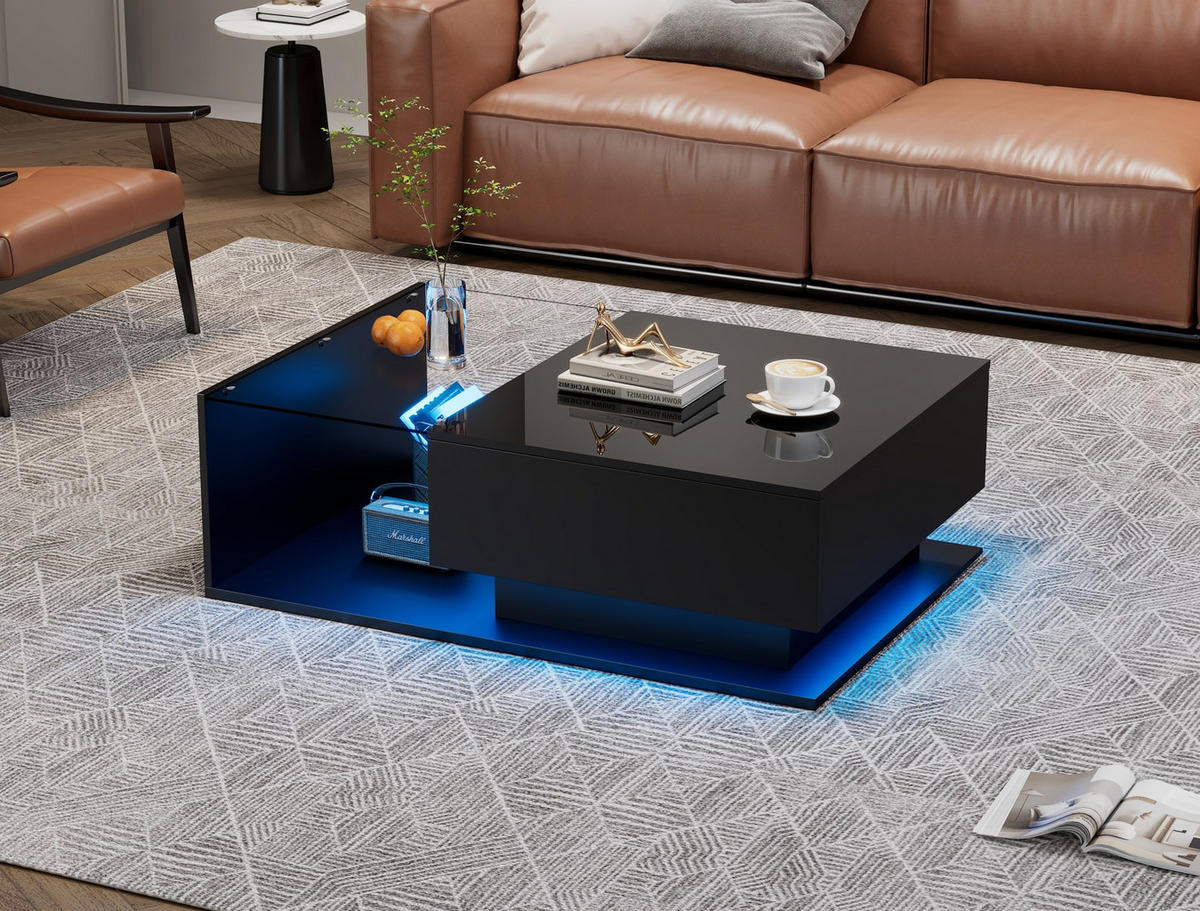 COUCHTISCH 100/50/32 cm Schwarz aus Spanplatte mit Glas, Schublade und LED-Beleuchtung - Schwarz, Holzwerkstoff (100/50/32cm) - OKMYHOME