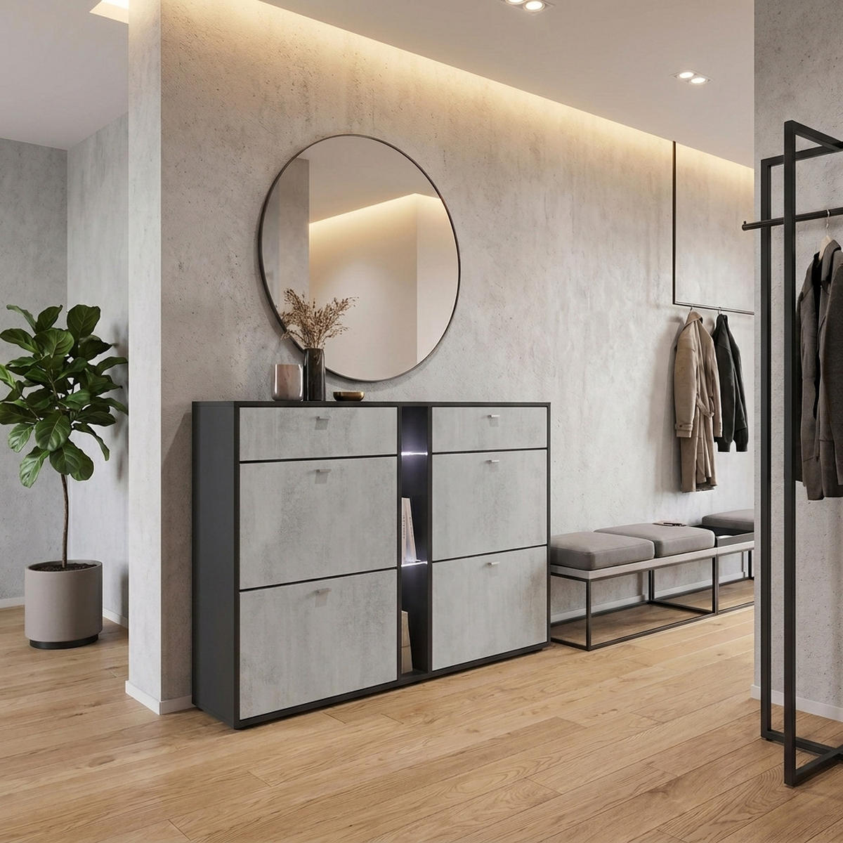 SCHUHSCHRANK Today Fronten in Beton Oxid Optik - Hellgrau, Holzwerkstoff (155.5/95/28cm) - Vladon