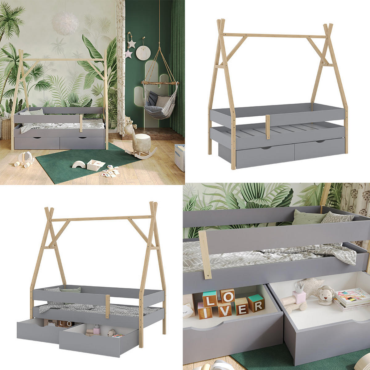 TIPI-BETT Bali Grau 80x160 cm mit 2 Schubladen - Grau, Holz - VitaliSpa
