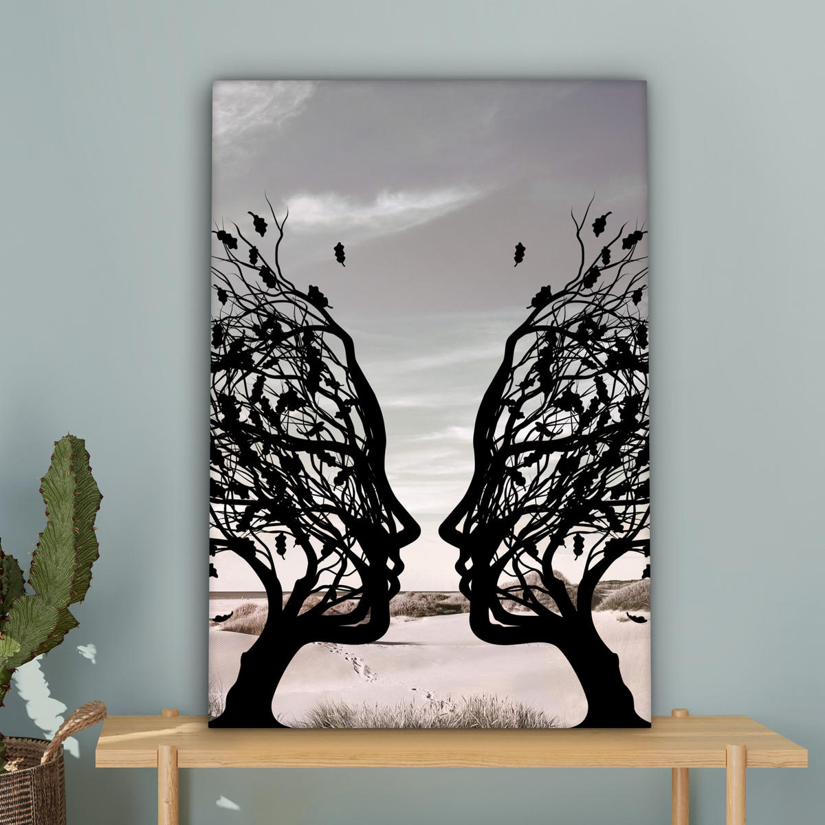 LEINWANDBILD Strand - Meer - Menschen - Baum - Moderne Kunst 60x90 cm - Hellgrau, Textil (60/90cm) - MuchoWow