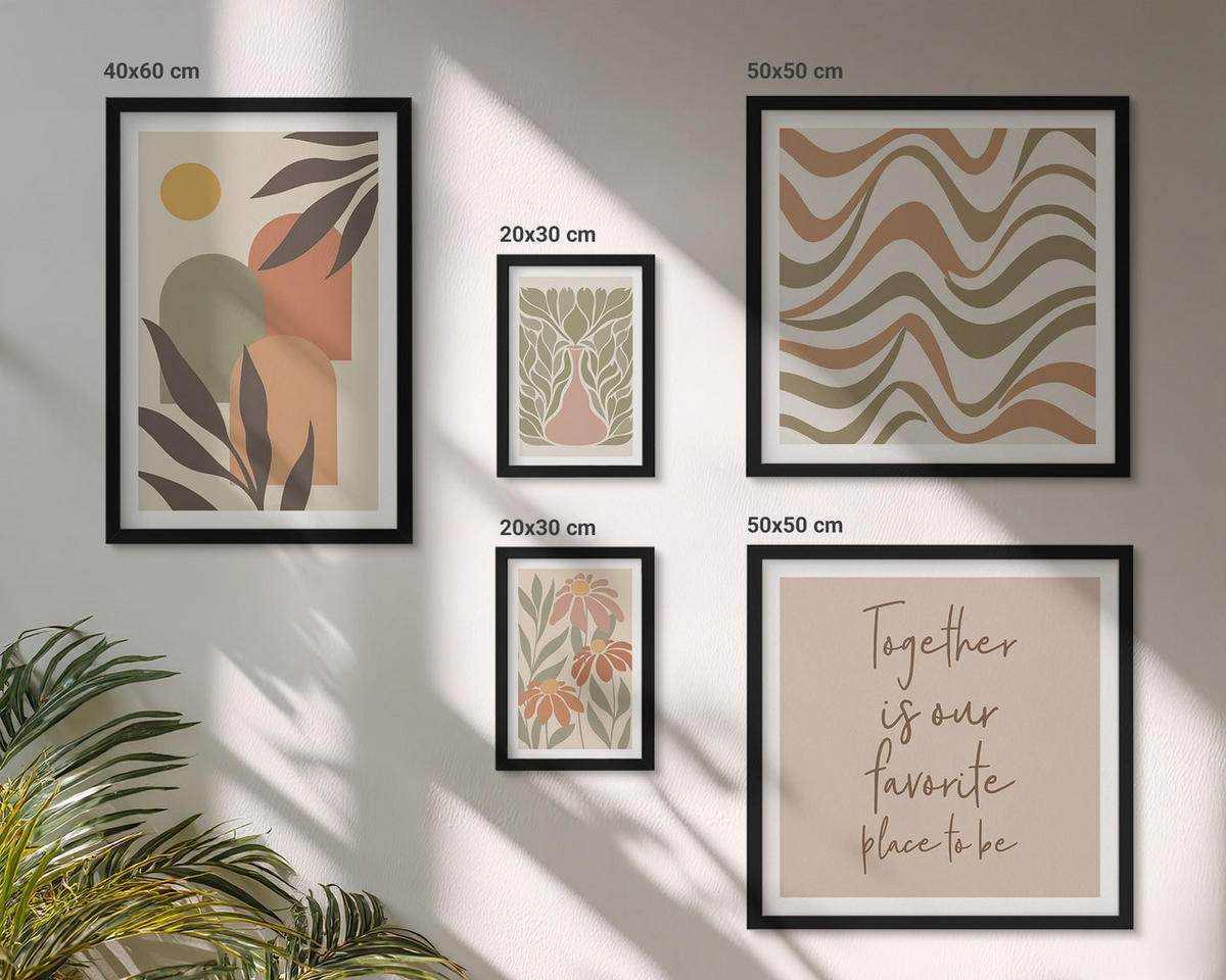 WANDBILDER 5er-Set - 50x50 cm & 20x30 cm & 40x60 cm Schwarzer Rahmen - Abstrakte Pastellblumen - Schwarz, Kunststoff (40/60cm) - ArtPrintCave