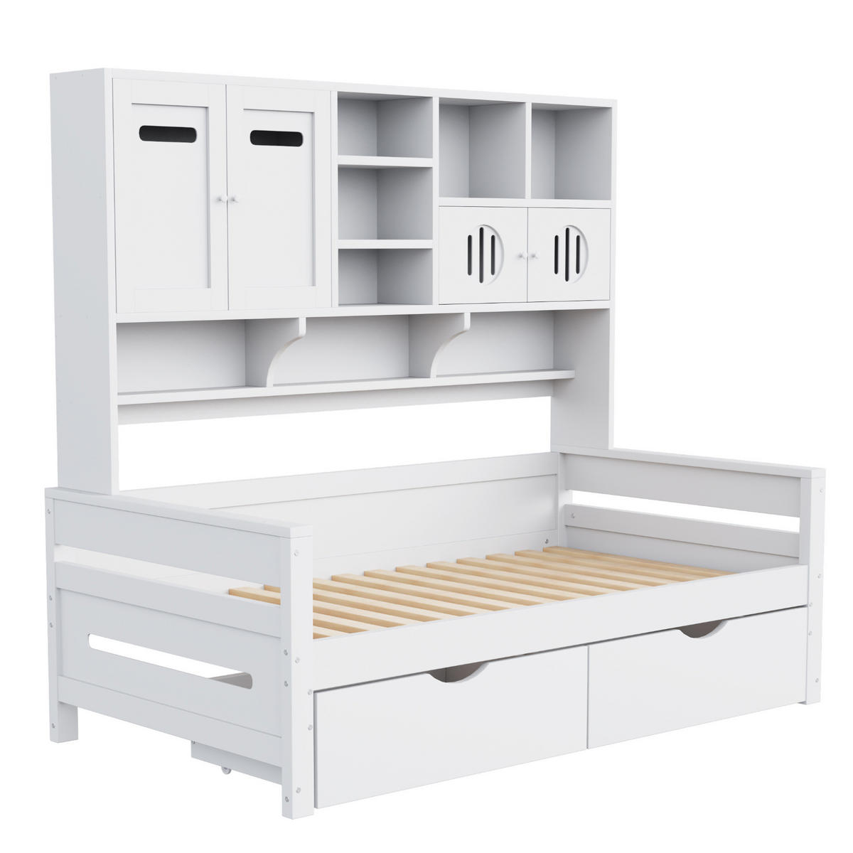 KREVET 90/200 cm s multifunkcionalnim spremištem, 2 velikim ladicama i letvičastim podnicama, Bijela - bijela, drvni materijal (90/200cm) - Redom