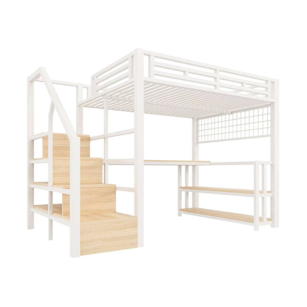 HOCHBETT 140/200 cm in Weiß Kinderbett mit Regal, Schreibtisch, LED, USB und Type-C - Weiß, Holzwerkstoff/Metall (140/200cm) - STILVORA