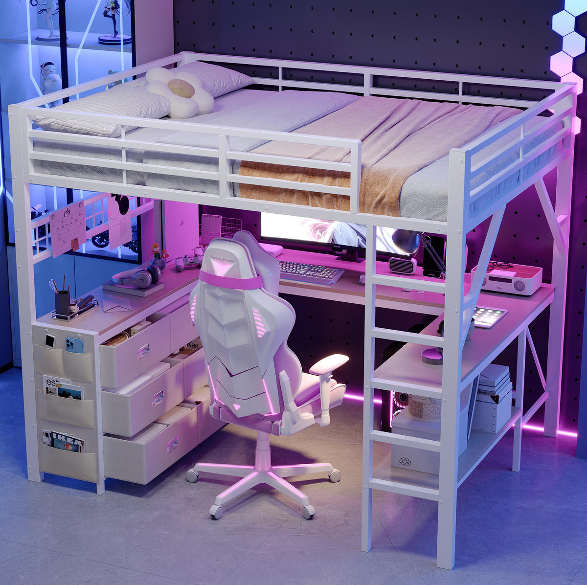 HOCHBETT Metall/MDF 140x200 cm Weiß mit Schreibtisch, Stauraum und LED-Beleuchtung - Weiß, Holzwerkstoff (140/200cm) - Modfu