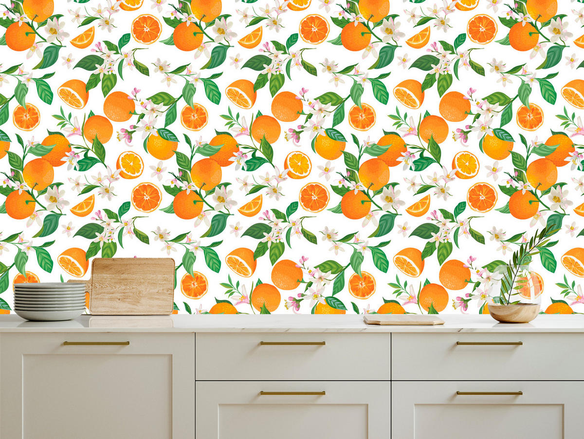 VLIESTAPETE Orangen und Blüten – Orange, Grün, Weiß – 50x1000 cm - Orange/Weiß, Papier (50/1000cm) - Muralo