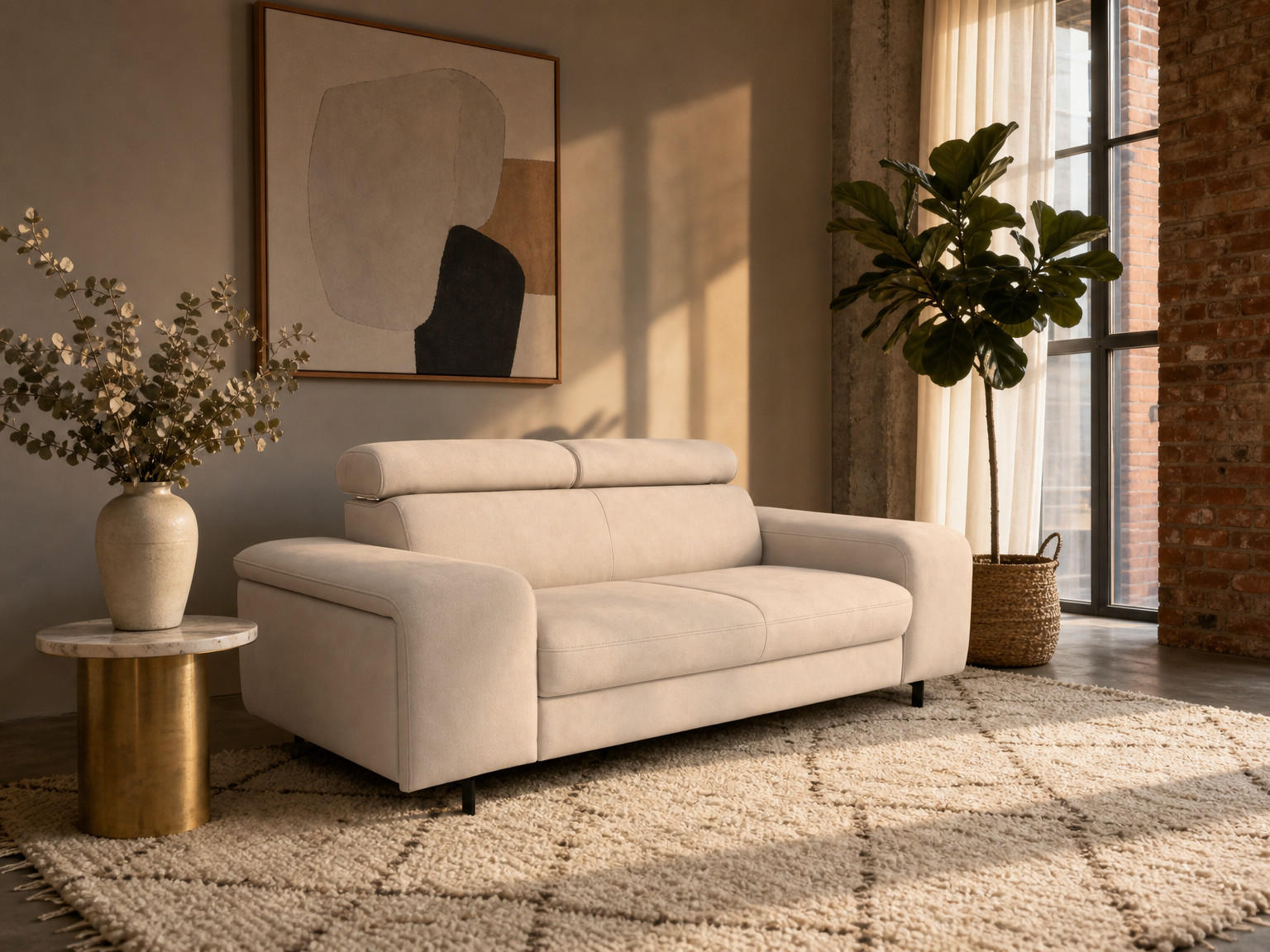 2,5-SITZER Vaasa Flachgewebe Beige klappb. Kopfstützen 198/100/81 cm - Naturfarben, Kunststoff/Textil (198/81/70cm) - foamnova