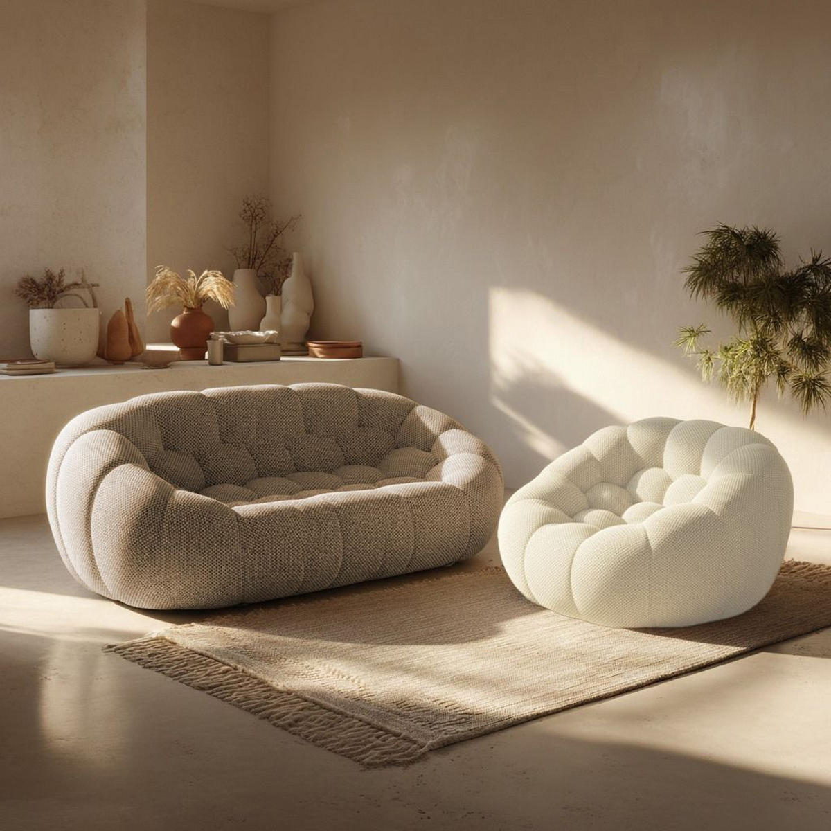 SITZGARNITUR Cocoon Sofa und Sessel Sand und Weiß - Sandfarben/Weiß, Textil (190/75/113cm) - COCO Living