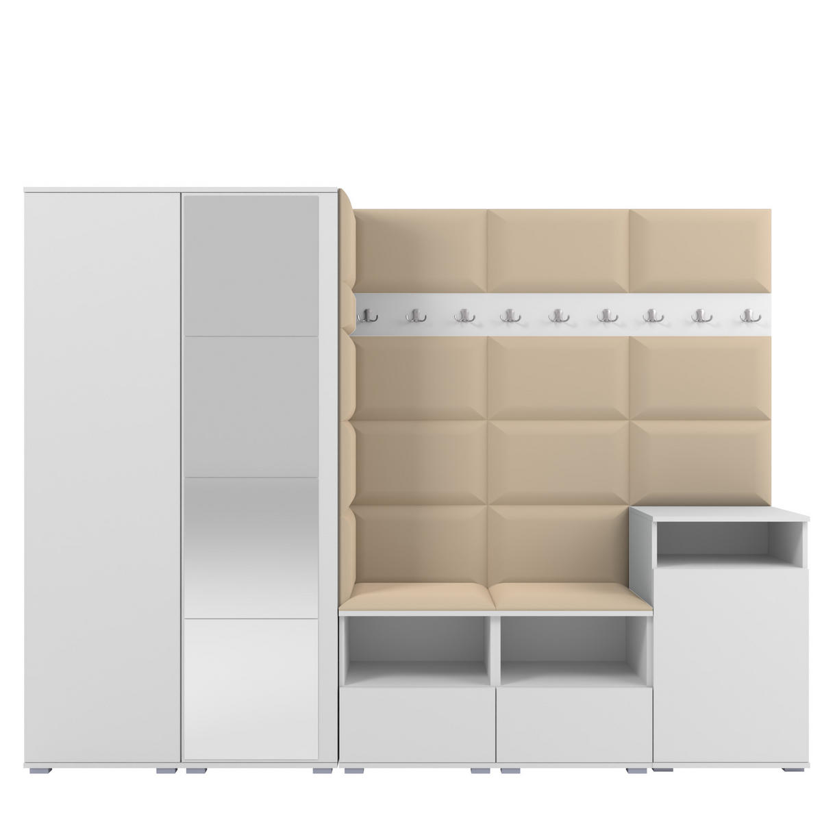 GARDEROBE NELA VIII 250 cm (Modulare Flurmöbel Weiß mit Spiegel & Sitzpolster Beige 04 Set XL) - Beige/Silberfarben, Holz/Holzwerkstoff (250/187/40cm) - Ravio