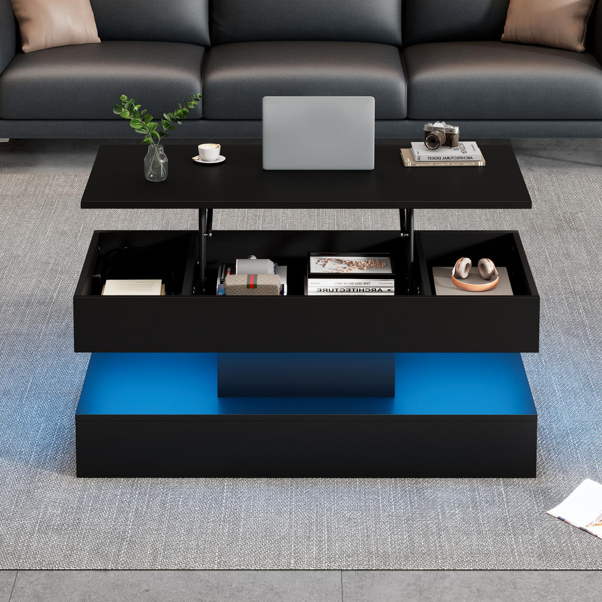 KLUB stolić, 100/50/42 cm, crni, podesive visine s LED rasvjetom i prostorom za pohranu - crna, drvni materijal (100/50/42cm) - BEAOK