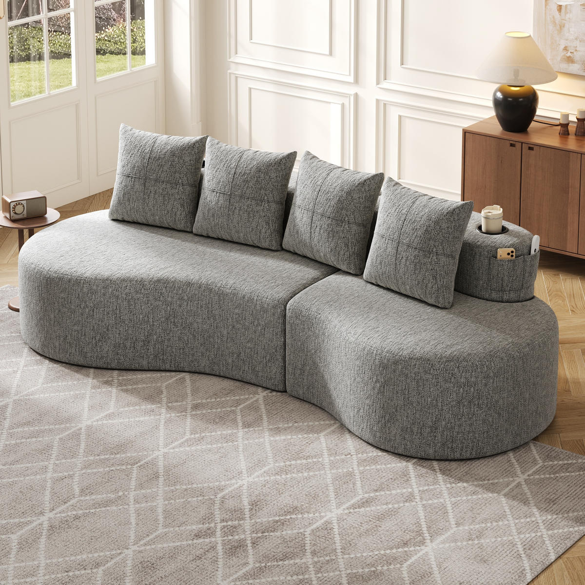 ECKSOFA 240/109/63 cm Hellgrau mit Aufbewahrungstaschen und Becherhalter - Hellgrau, Textil (240/109cm) - Oxeza