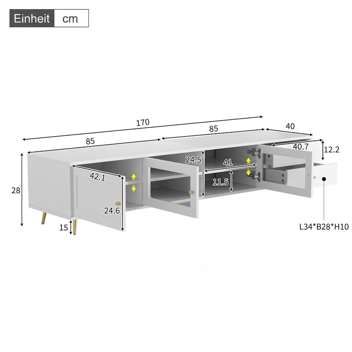 TV-SCHRANK 170/40/28 cm Weiß mit 2 Schubladen, 2 Glastüren und 1 Schranktür - Weiß, Holzwerkstoff/Metall (170/28/40cm) - Oxeza