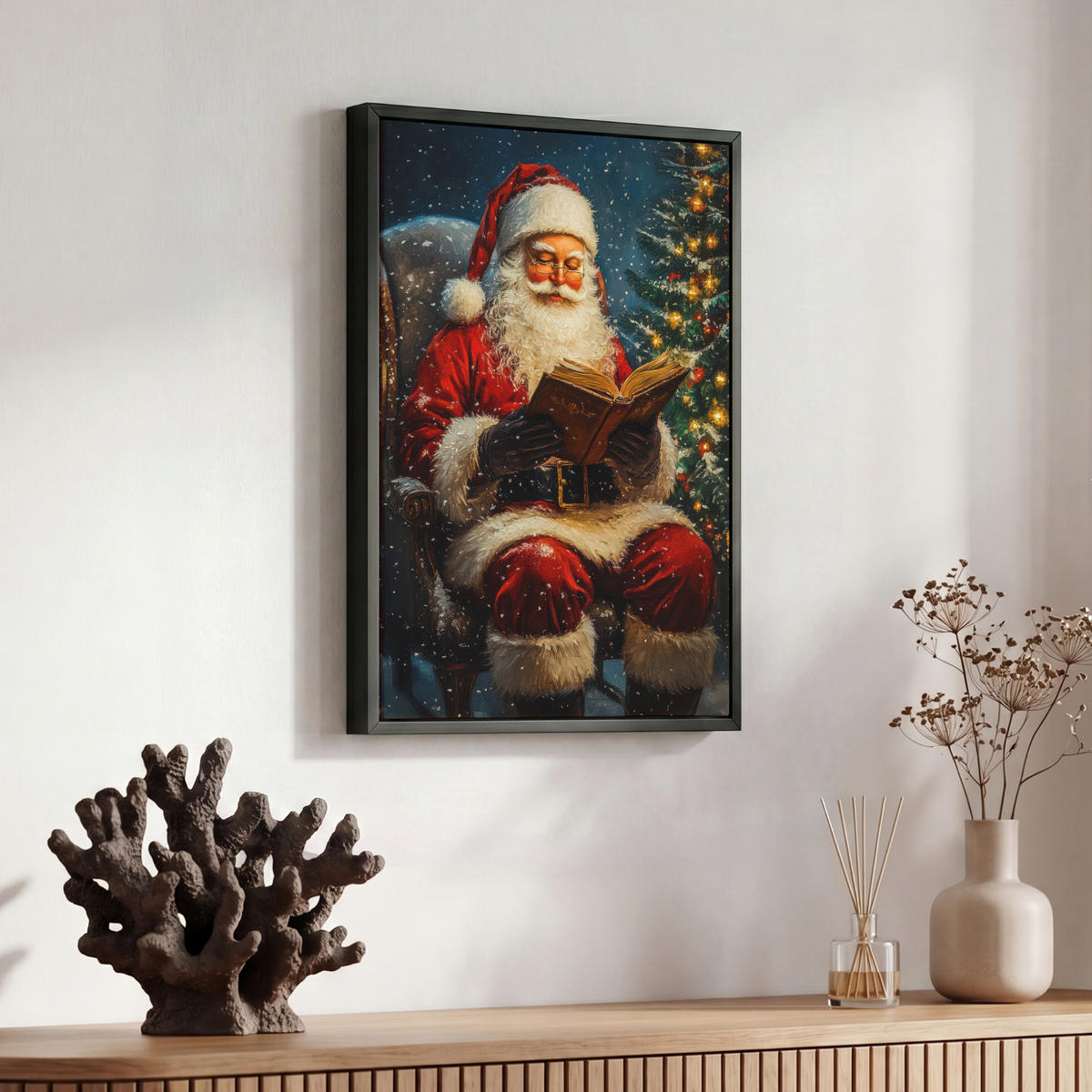 LEINWAND Bilder mit Rahmen - Weihnachtsmann - Weihnachten - Winter - Weihnachtsbaum - 30x40 - Bordeaux, Textil (30/40cm) - MuchoWow