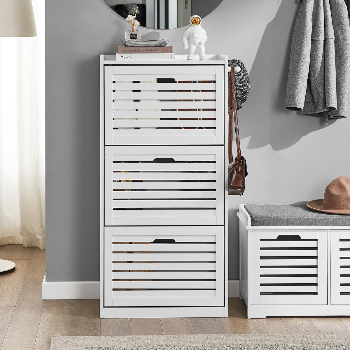 SCHUHSCHRANK Weiß - Weiß, Holzwerkstoff (55/112/30cm) - SoBuy