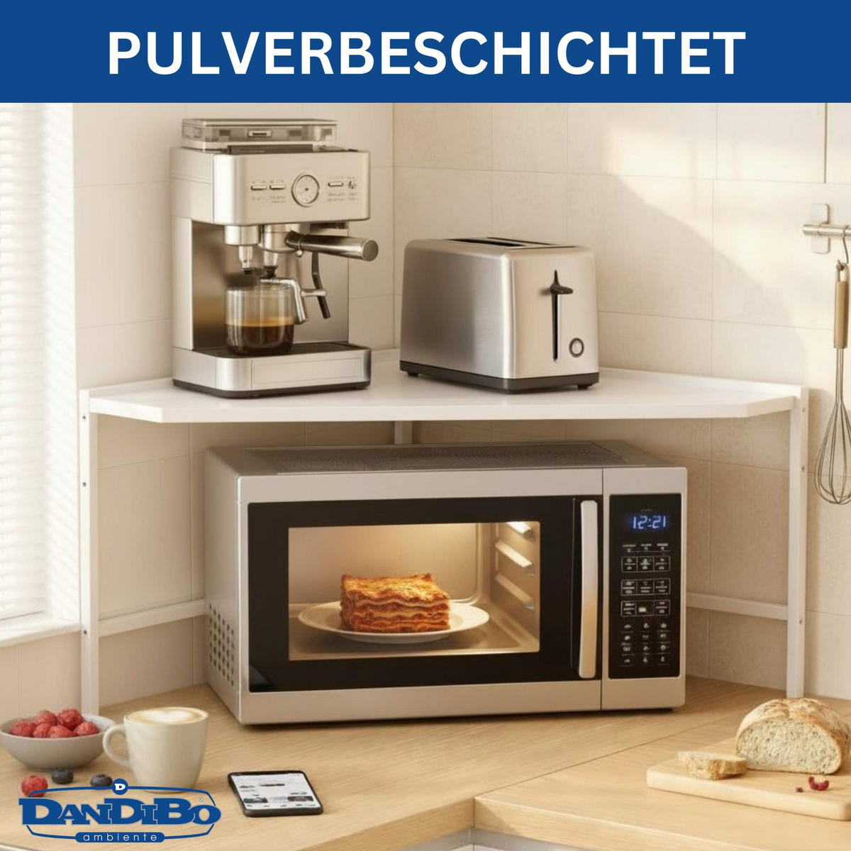 MIKROWELLENREGAL Eckregal Küche Stehend Arbeitsplatte 72x72 cm Weiß 2 Stufig 96689 - Weiß, Metall (72/46/72cm) - DanDiBo