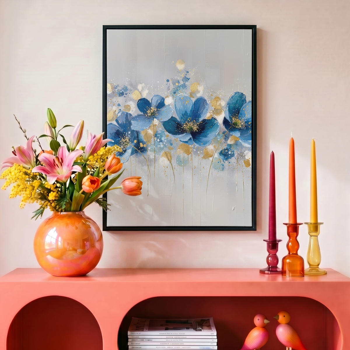 LEINWAND Bilder mit Rahmen - Blumen - Blau - Abstrakt - 30x40 - Hellgrau, Textil (30/40cm) - MuchoWow
