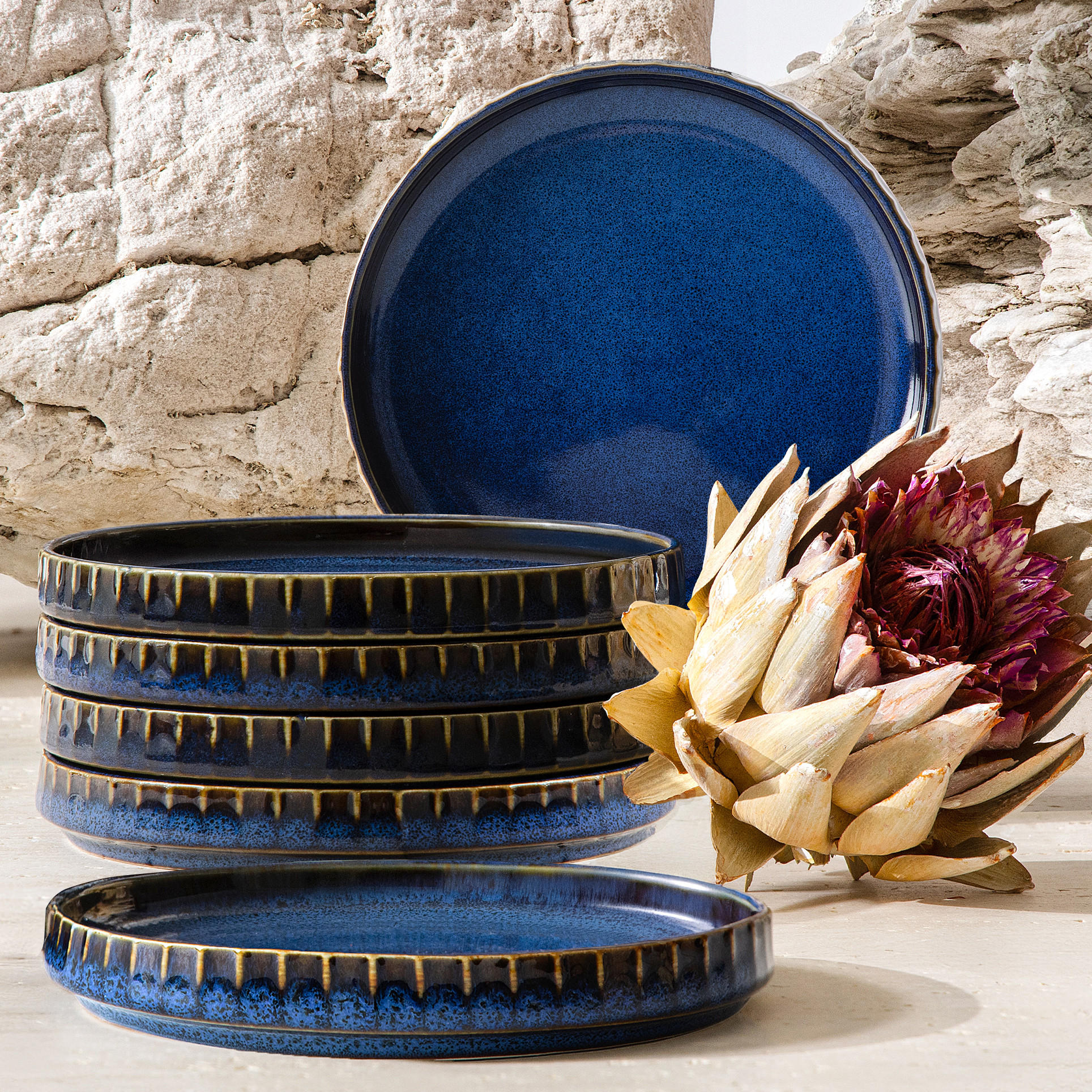 UNTERTASSEN AD STRIPES, 6-tlg - Dunkelblau, Keramik (14/2/14cm) - KONSIMO®