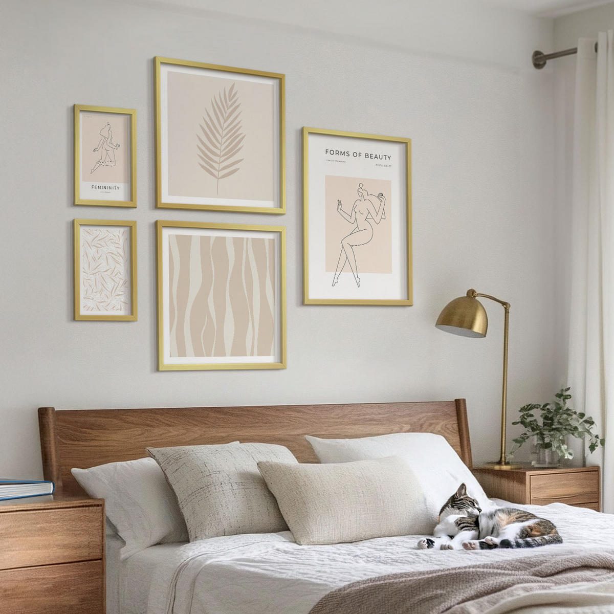 WANDBILDER 5er Set - 50x50 cm & 20x30 cm & 40x60 cm Goldrahmen - Minimalistische Pflanzenmotive - Goldfarben, Kunststoff (40/60cm) - ArtPrintCave