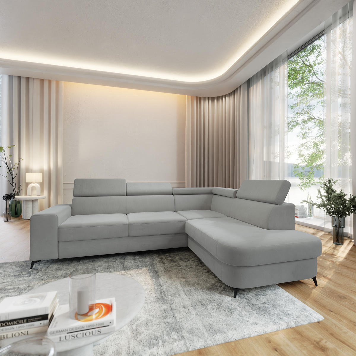 ECKSOFA ALVORO R-S Hellgrau Velours-Stoff mit Schlaffunktion - Hellgrau, Holz (253/190cm) - MASSENO