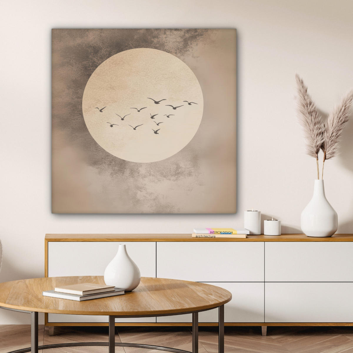 LEINWANDBILD Vogel - Beige - Japanisch Deko Groß 90x90 cm - Taupe, Textil (90/90cm) - MuchoWow