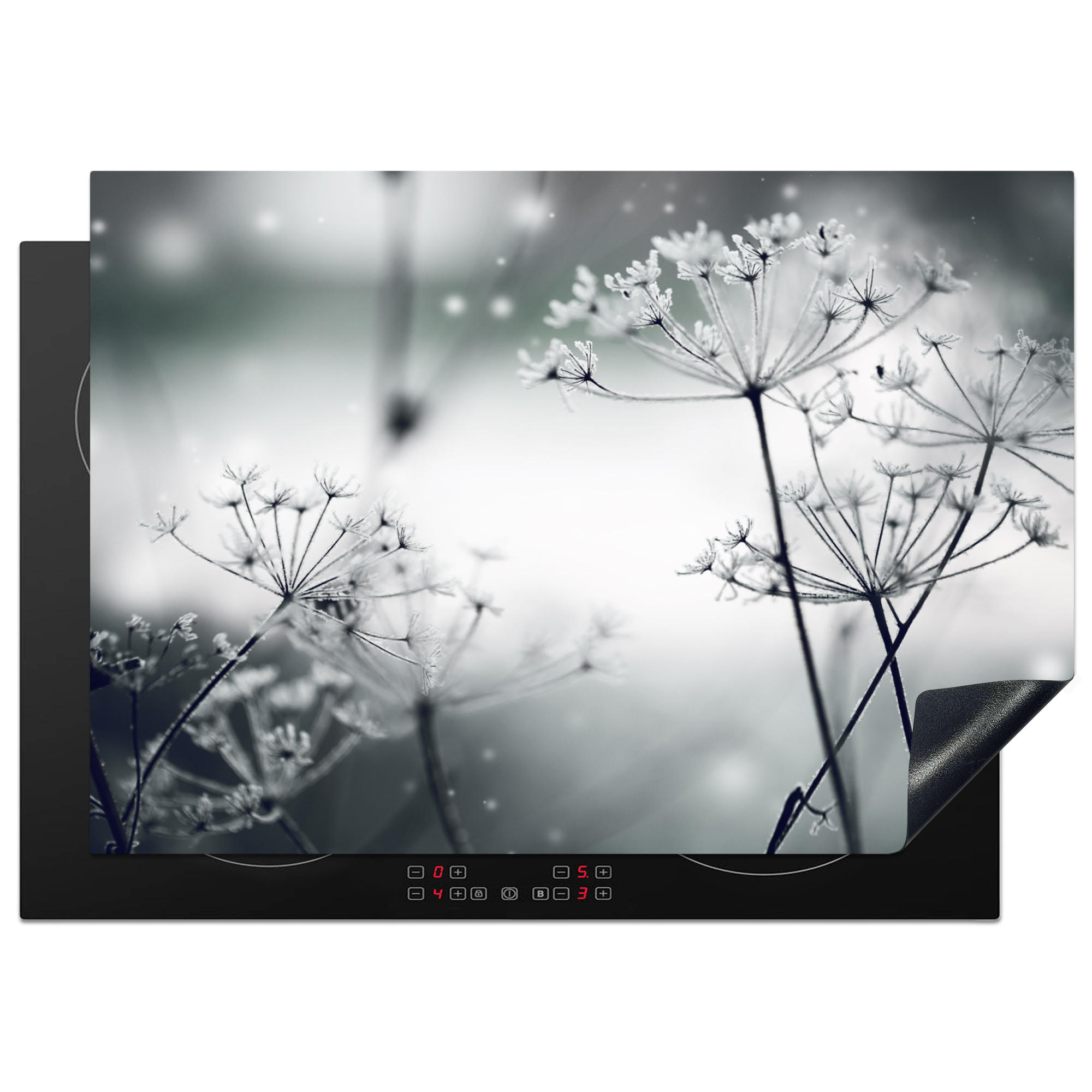 HERDABDECKPLATTE Blumen - Winter - Schnee - Natur Herdabdeckung Induktionsfeld 75x52 cm - Grau, Kunststoff (75/52/0.2cm) - MuchoWow