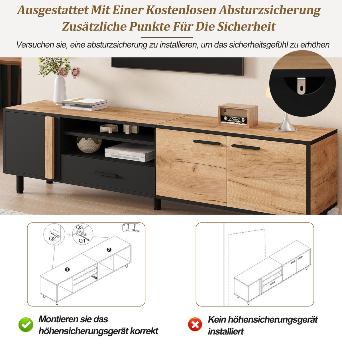 TV-LOWBOARD 180/32,5/50 cm mit 3 Türen und Schublade in Holzoptik/Schwarz - Schwarz, Holzwerkstoff (180/50/32.5cm) - BEAOK