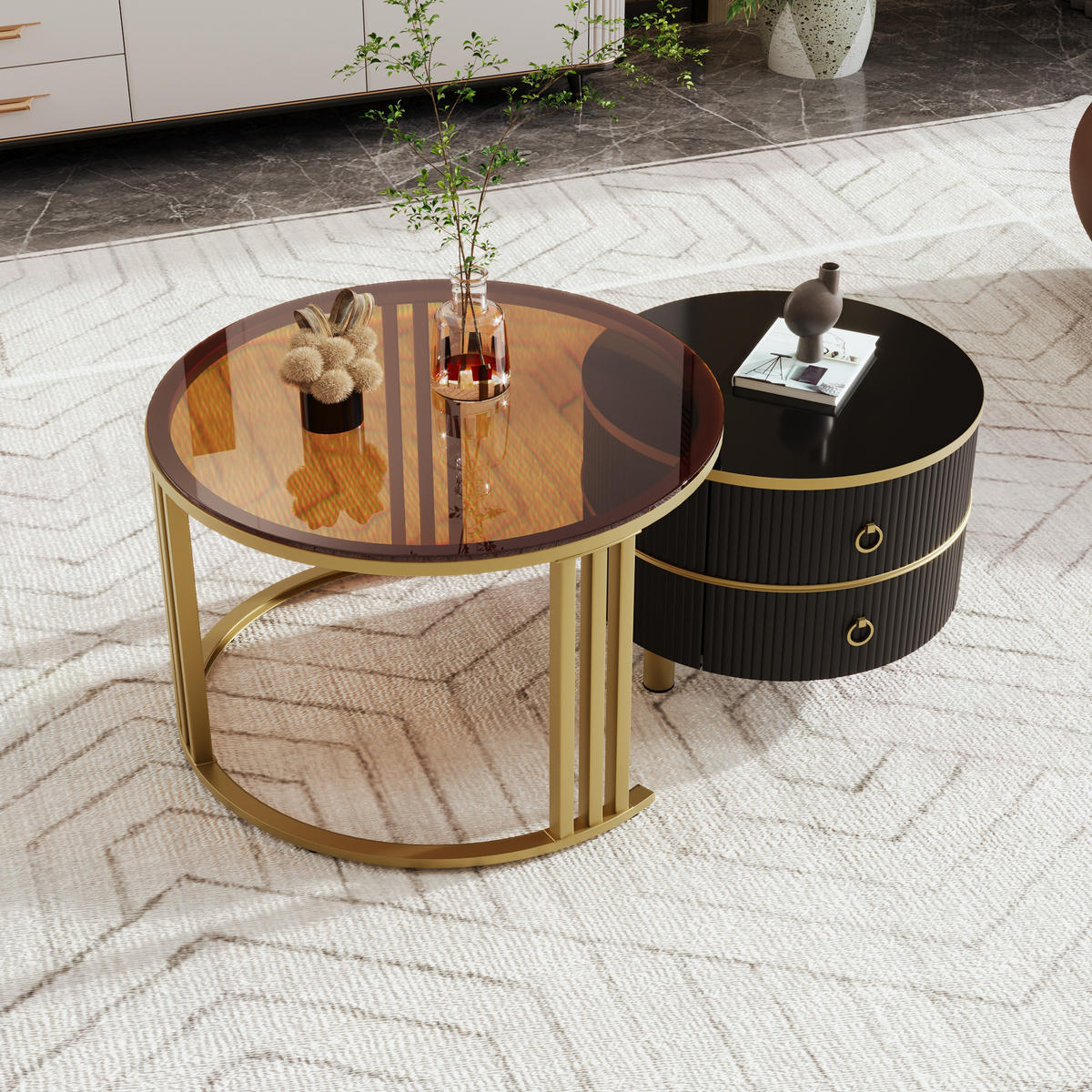 COUCHTISCH-SET, 2-teilig, MDF/Tanne mit gehärtetem Glas & Hochglanzfläche, 70/70/45 + 50/50/40 cm, Gold und Schwarz - Schwarz, Holzwerkstoff (70/70/46cm) - Redom