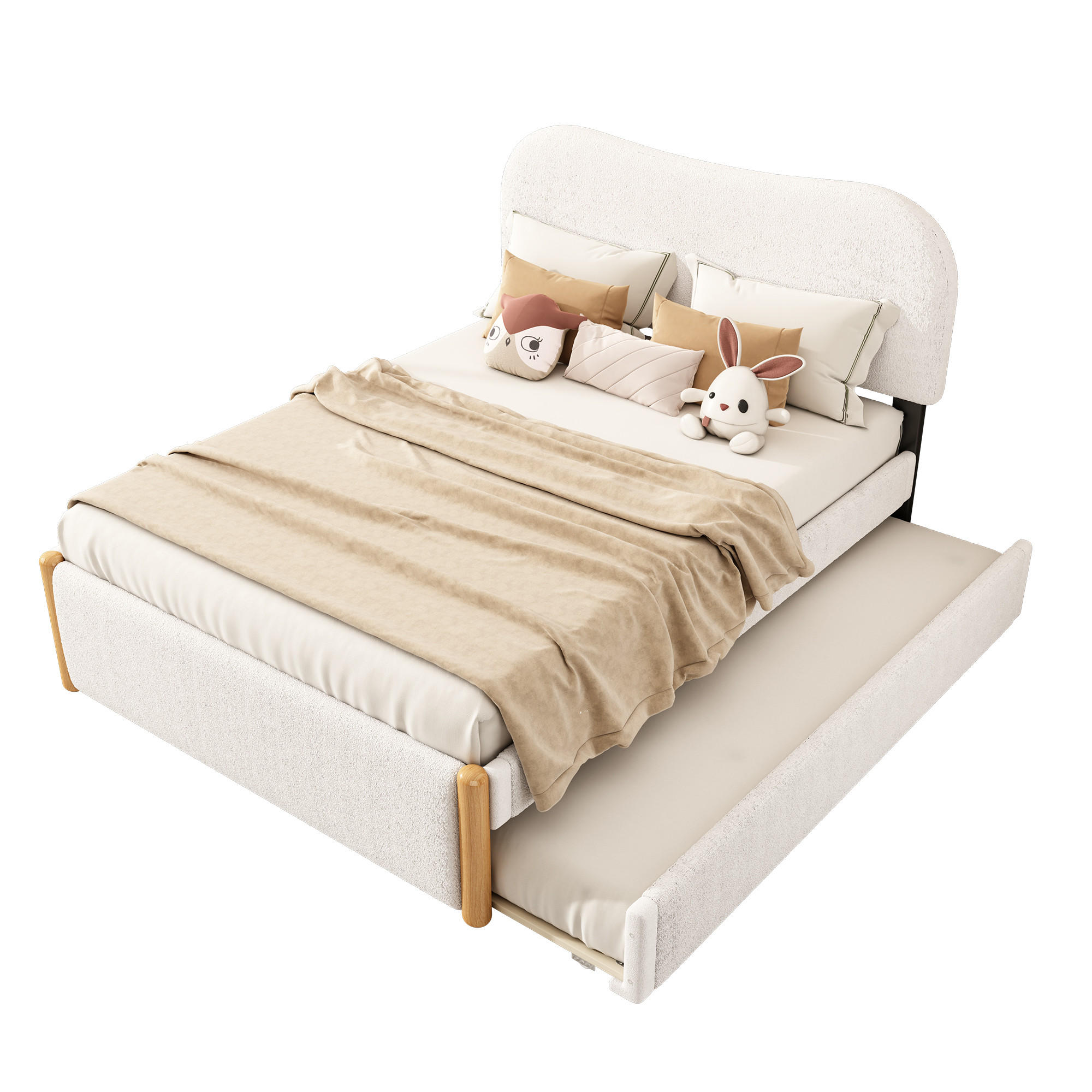 POLSTERBETT 140/200 cm weiß mit ausziehbarem Rollbett - Weiß, Textil (140/200cm) - OKWISH