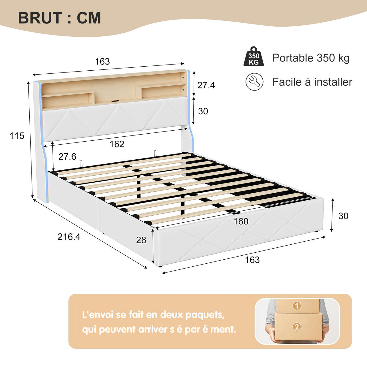 STAURABETT 160x200 WEIß KUNSTLEDER HOLZ LED - Weiß, Holzwerkstoff (160/200cm) - SHOPENTRA